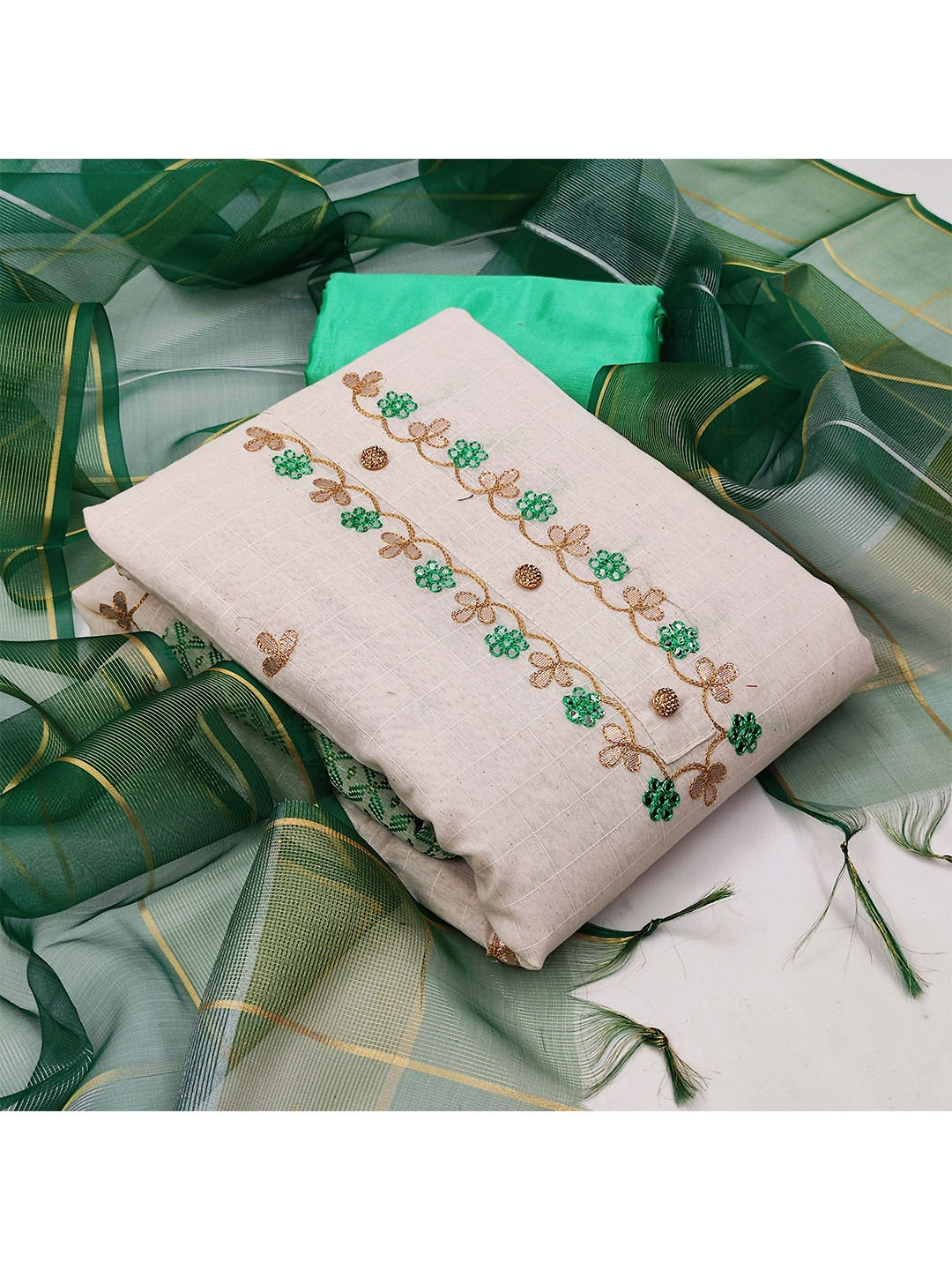 

KALINI White & Green Embroidered Unstitched Dress Material