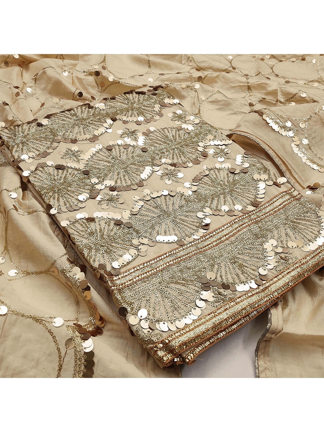 

KALINI Beige & Gold-Toned Unstitched Dress Material