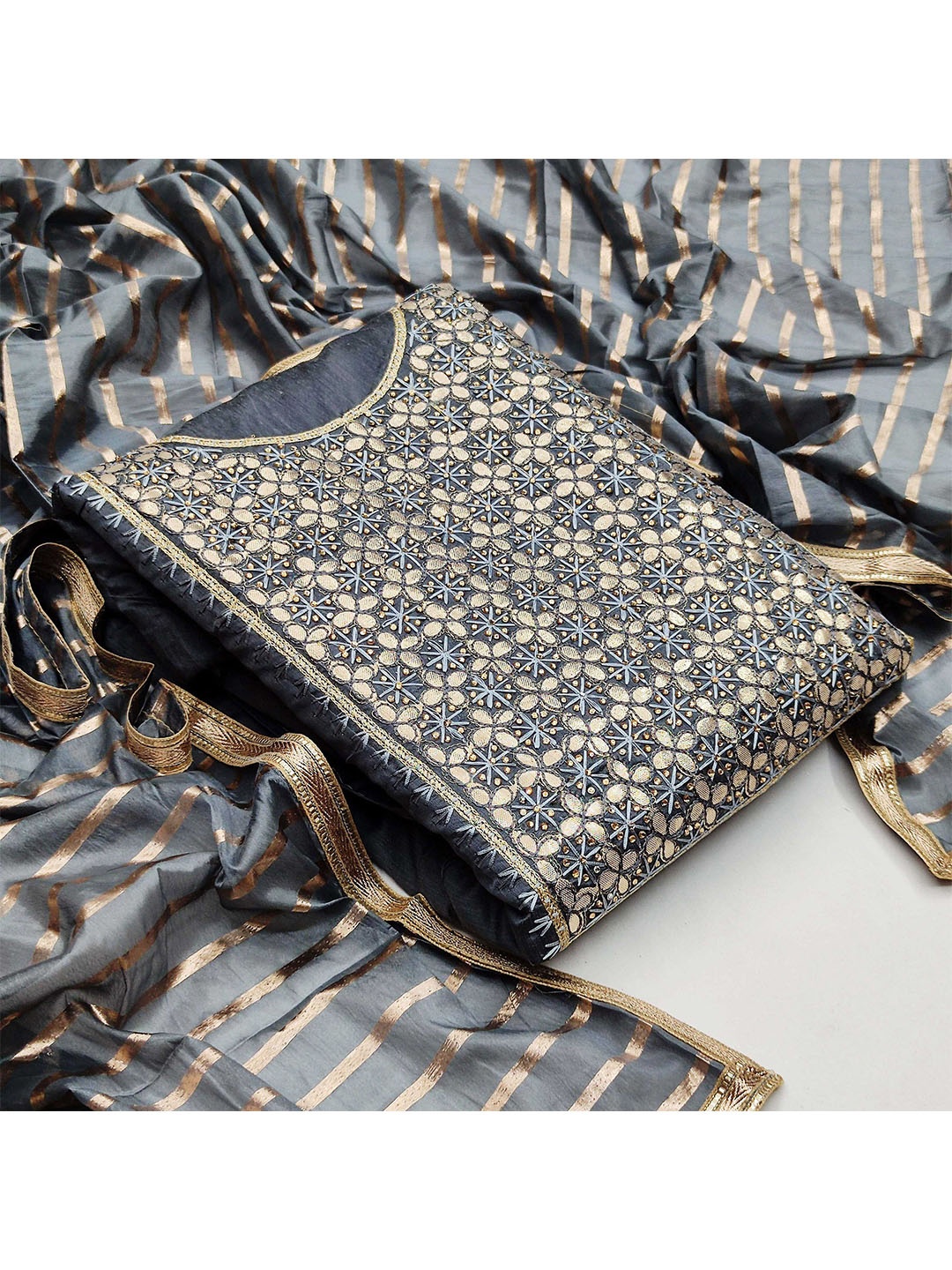 

KALINI Grey & Gold-Toned Unstitched Dress Material