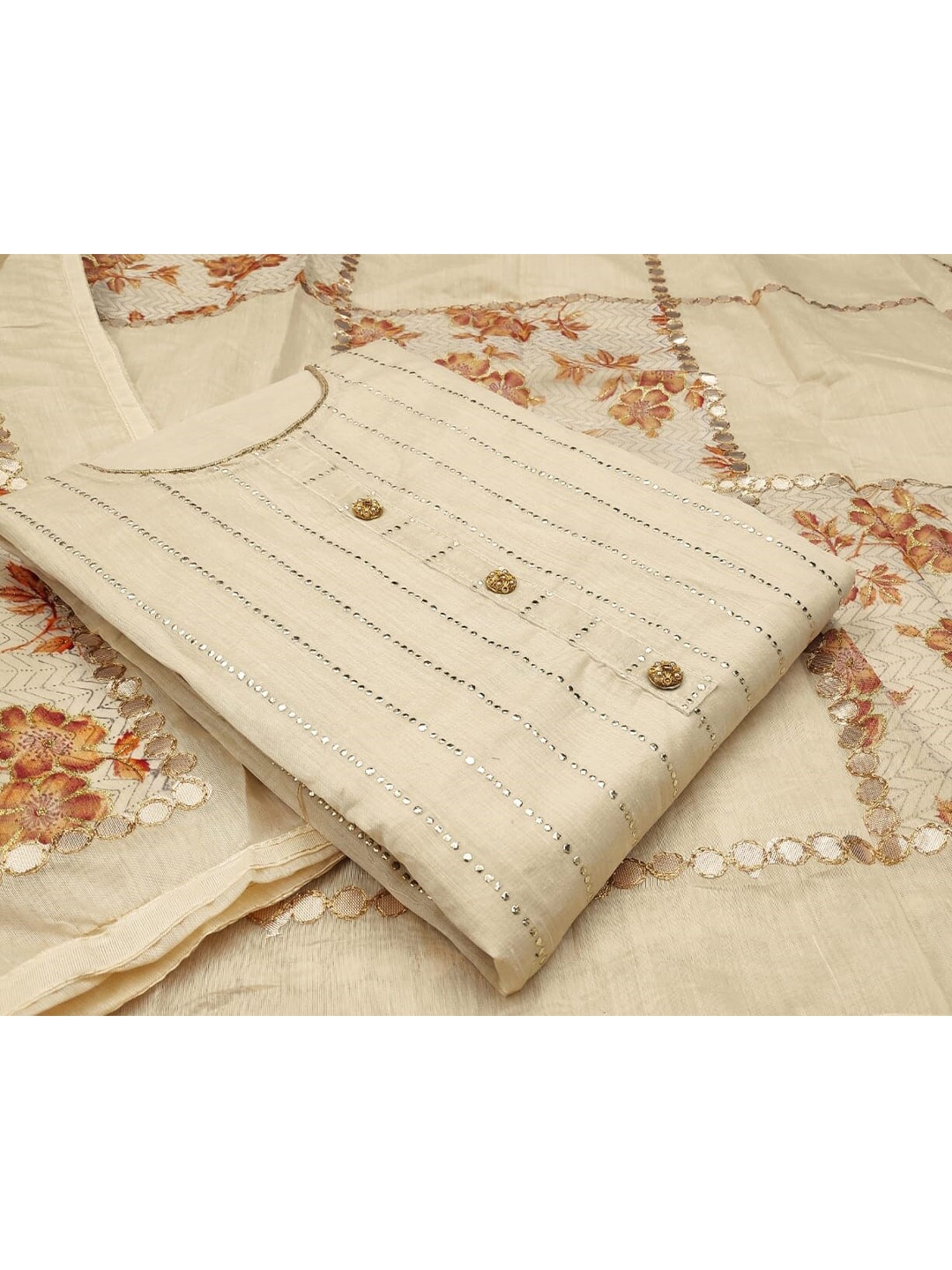 

KALINI Beige & Silver-Toned Unstitched Dress Material