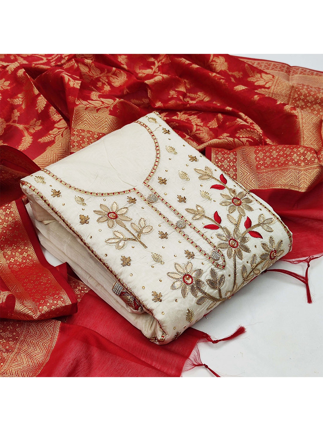 

KALINI White & Red Embroidered Unstitched Dress Material
