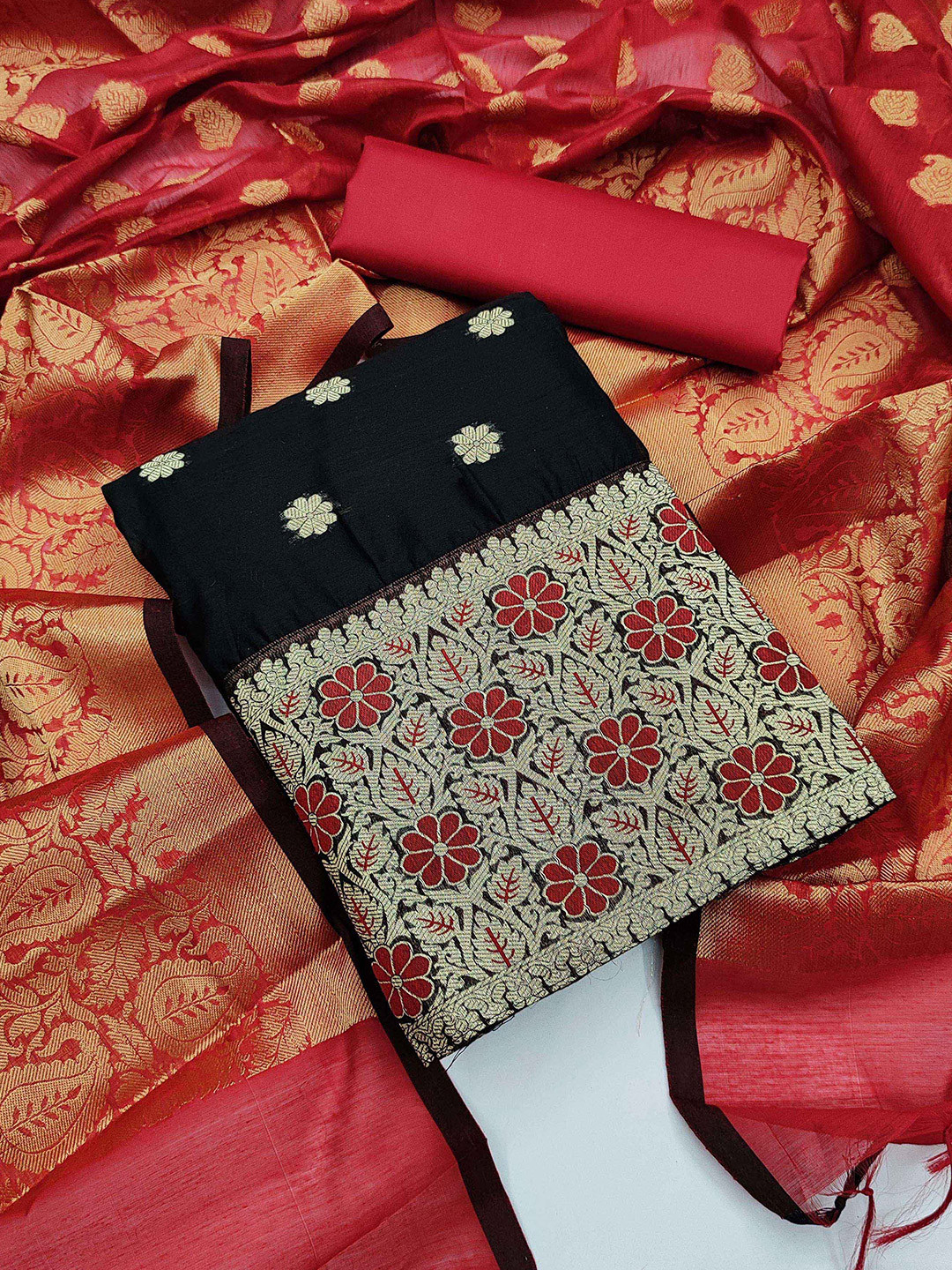 

KALINI Black & Red Unstitched Dress Material