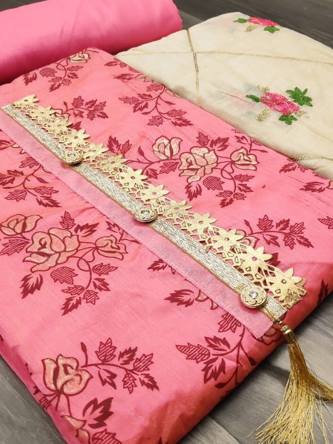 

KALINI Pink & Beige Printed Unstitched Dress Material