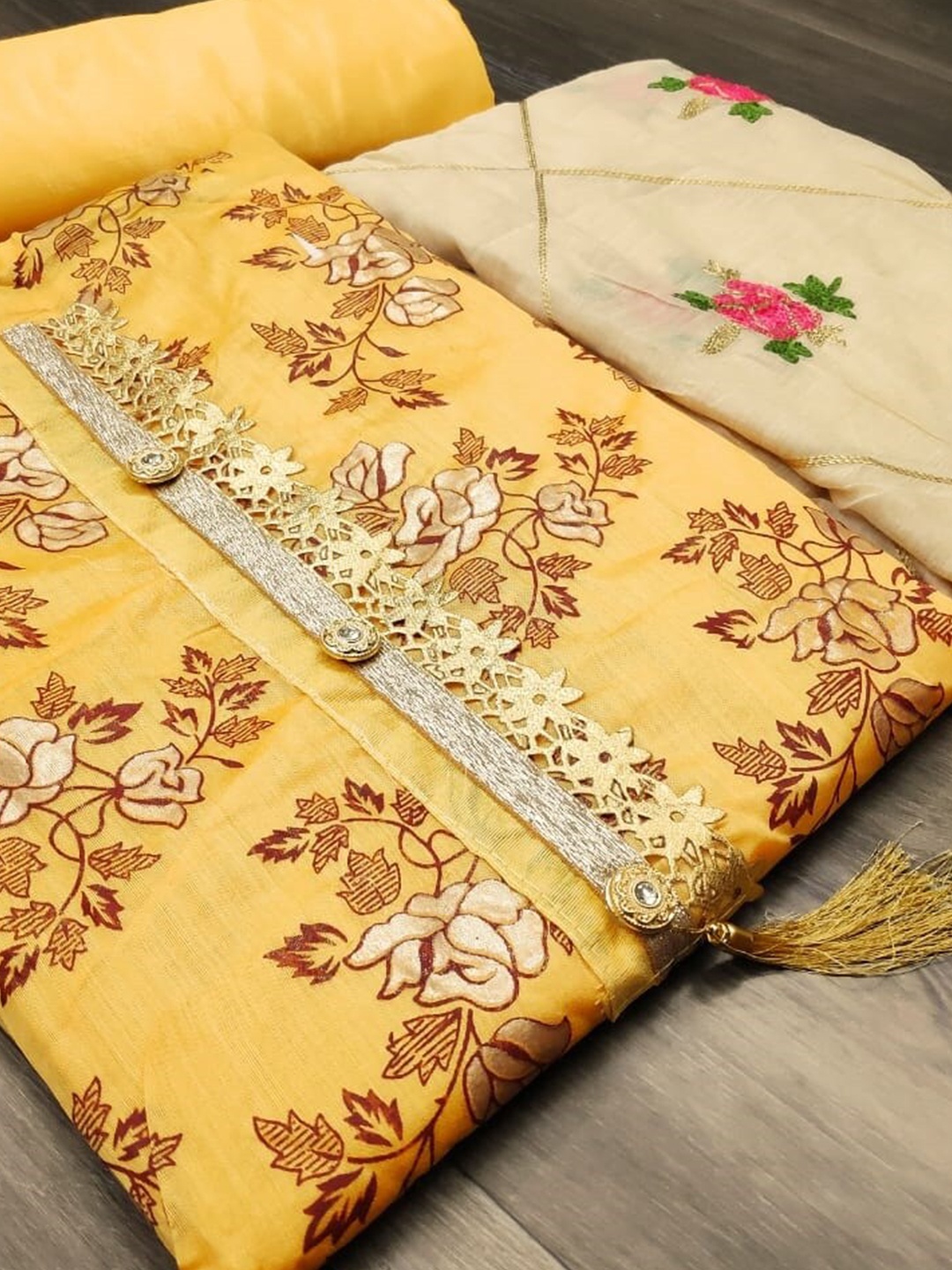 KALINI Yellow & Brown Printed Unstitched Dress Material