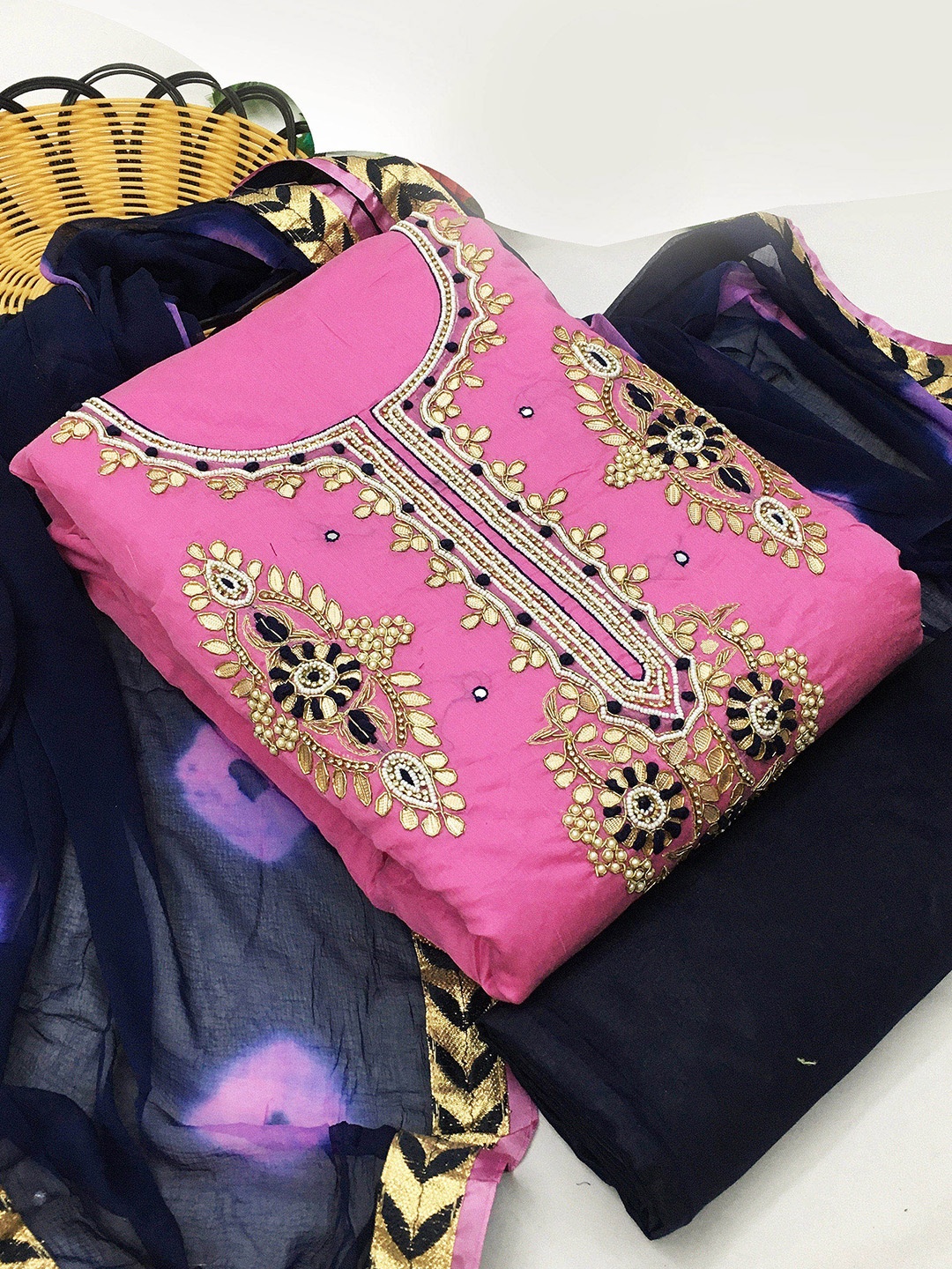 

KALINI Pink & Black Embroidered Unstitched Dress Material