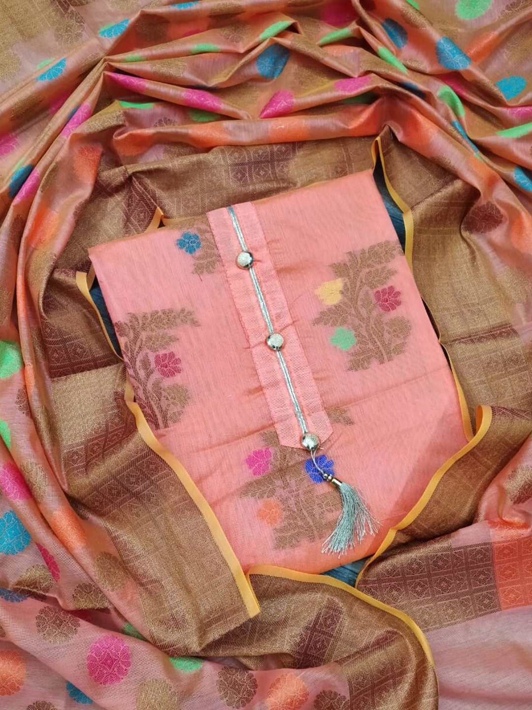 

KALINI Woven Design Unstitched Dress Material, Peach