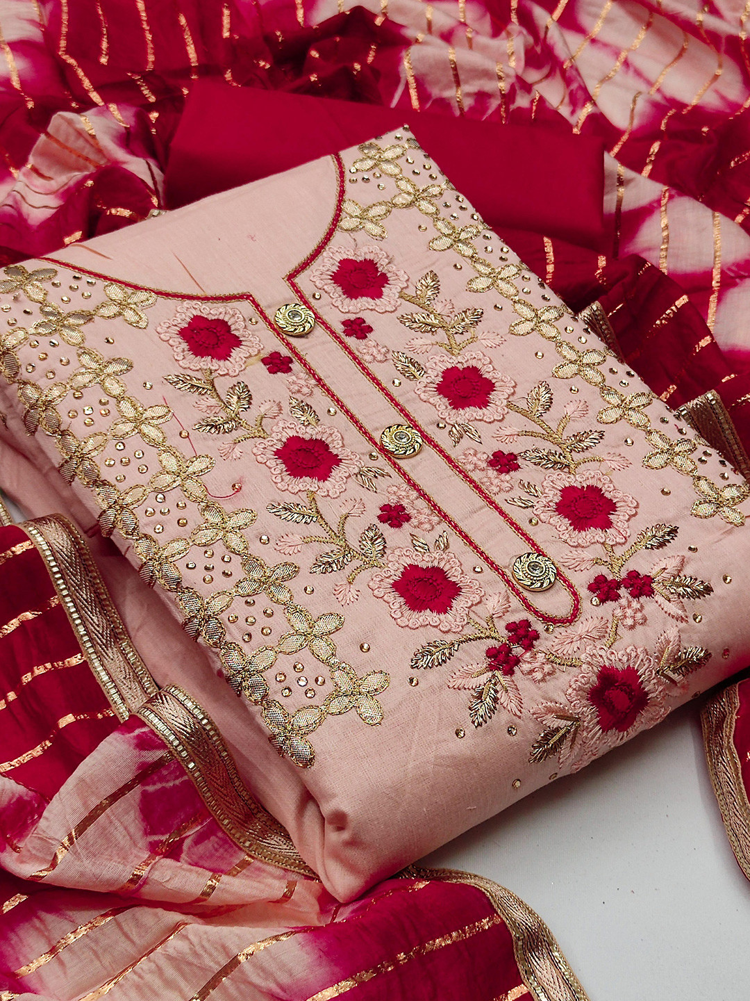

KALINI Embroidered Unstitched Dress Material, Peach