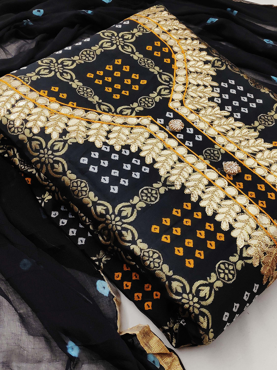 

KALINI Black & Beige Unstitched Dress Material