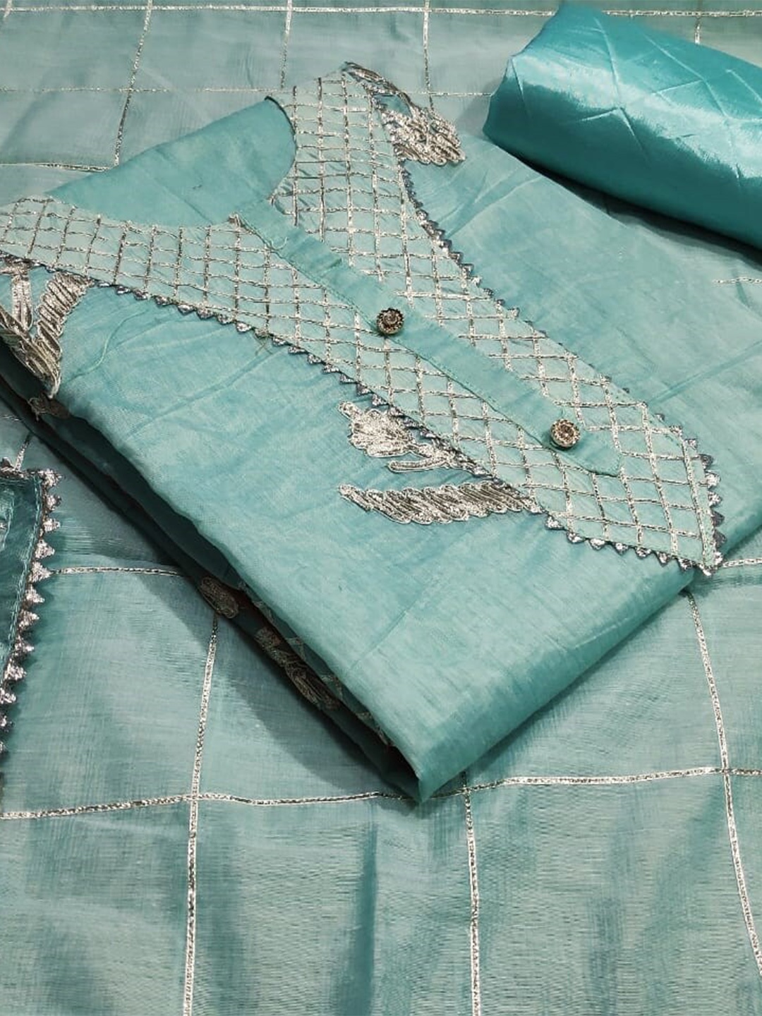 

KALINI Sea Green & Gold-Toned Unstitched Dress Material