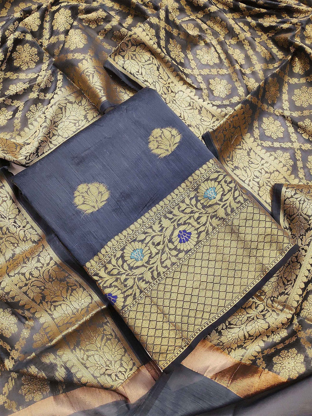 KALINI Grey & Gold-Toned Unstitched Dress Material