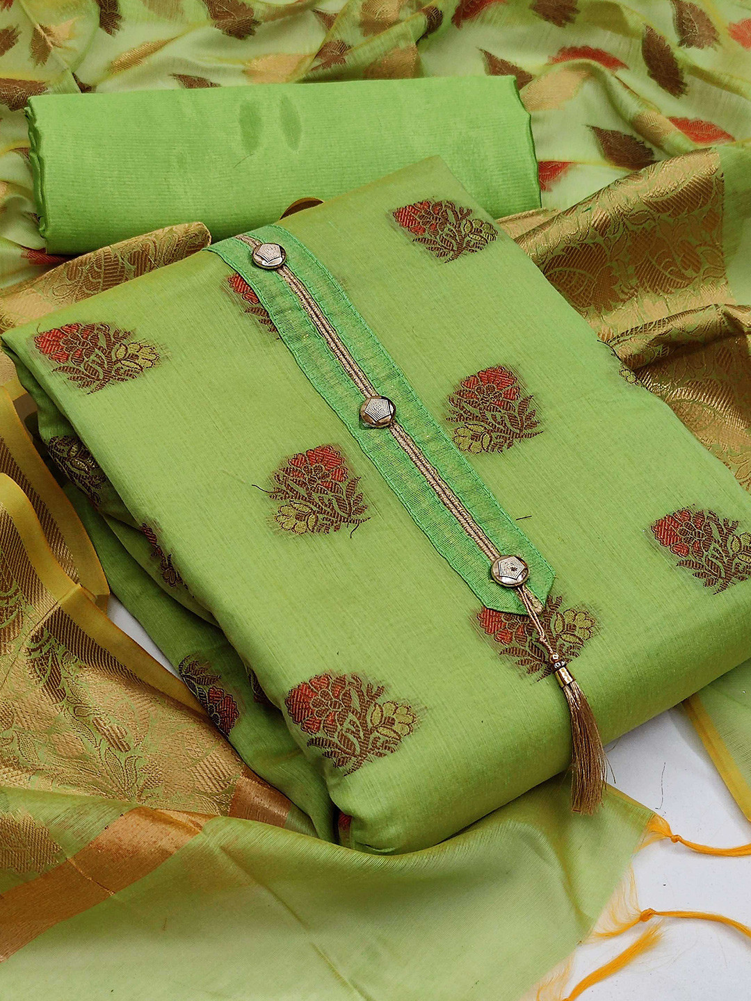 

KALINI Green & Maroon Unstitched Dress Material