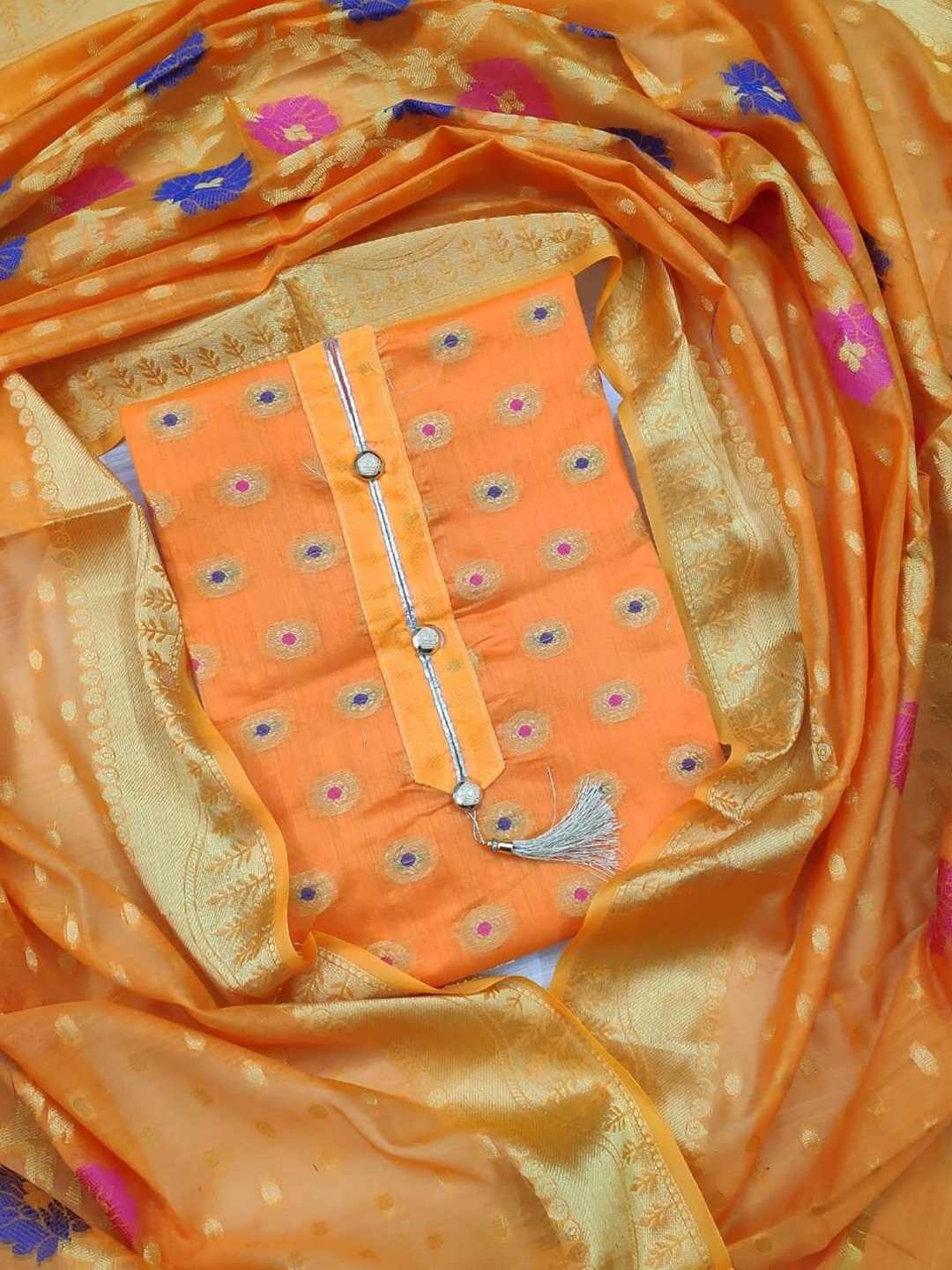

KALINI Peach-Coloured & Gold-Toned Unstitched Dress Material