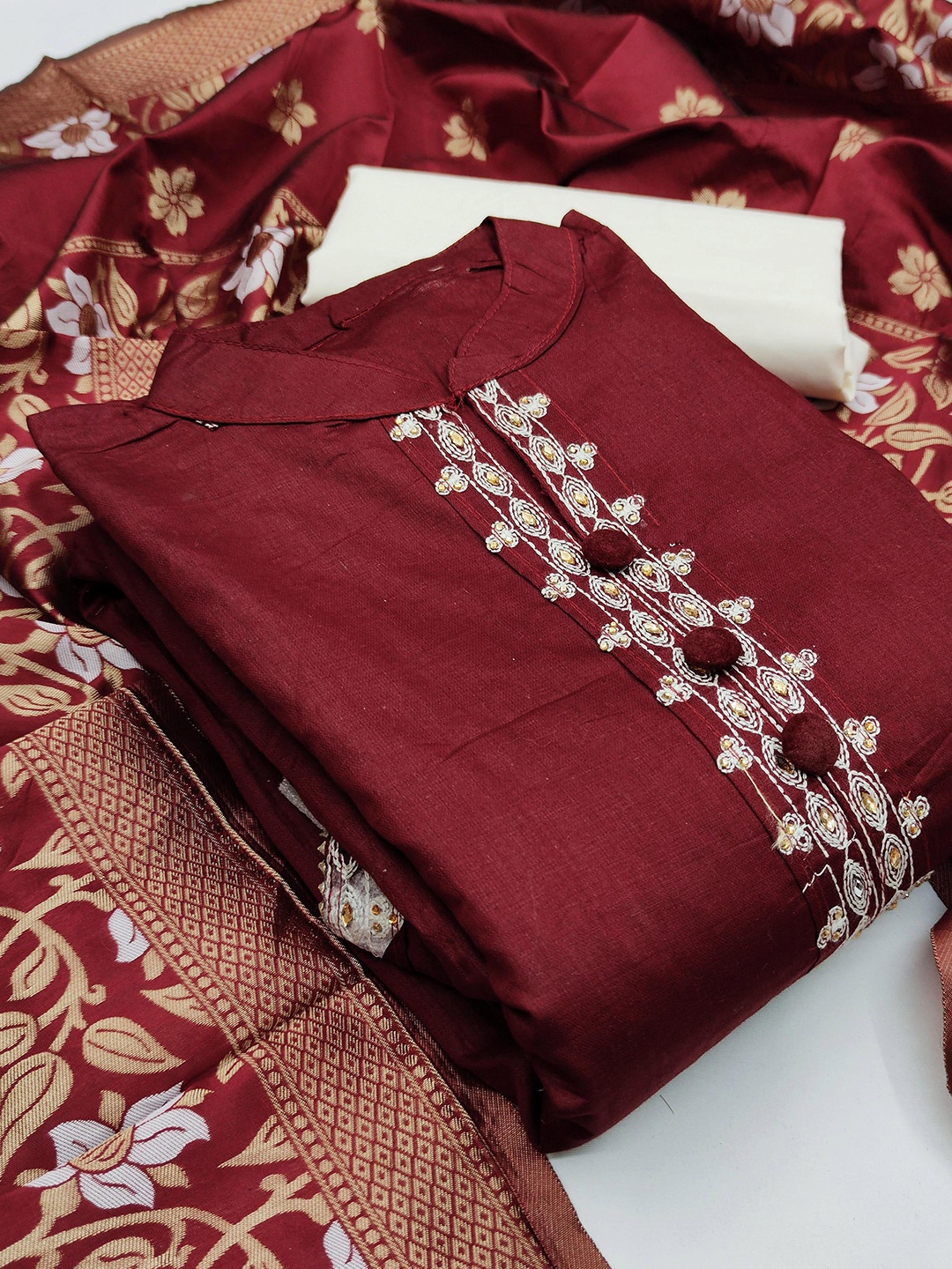 

KALINI Maroon & Gold-Toned Unstitched Dress Material
