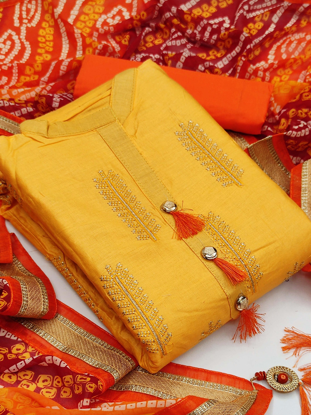 

KALINI Embroidered Unstitched Dress Material, Yellow