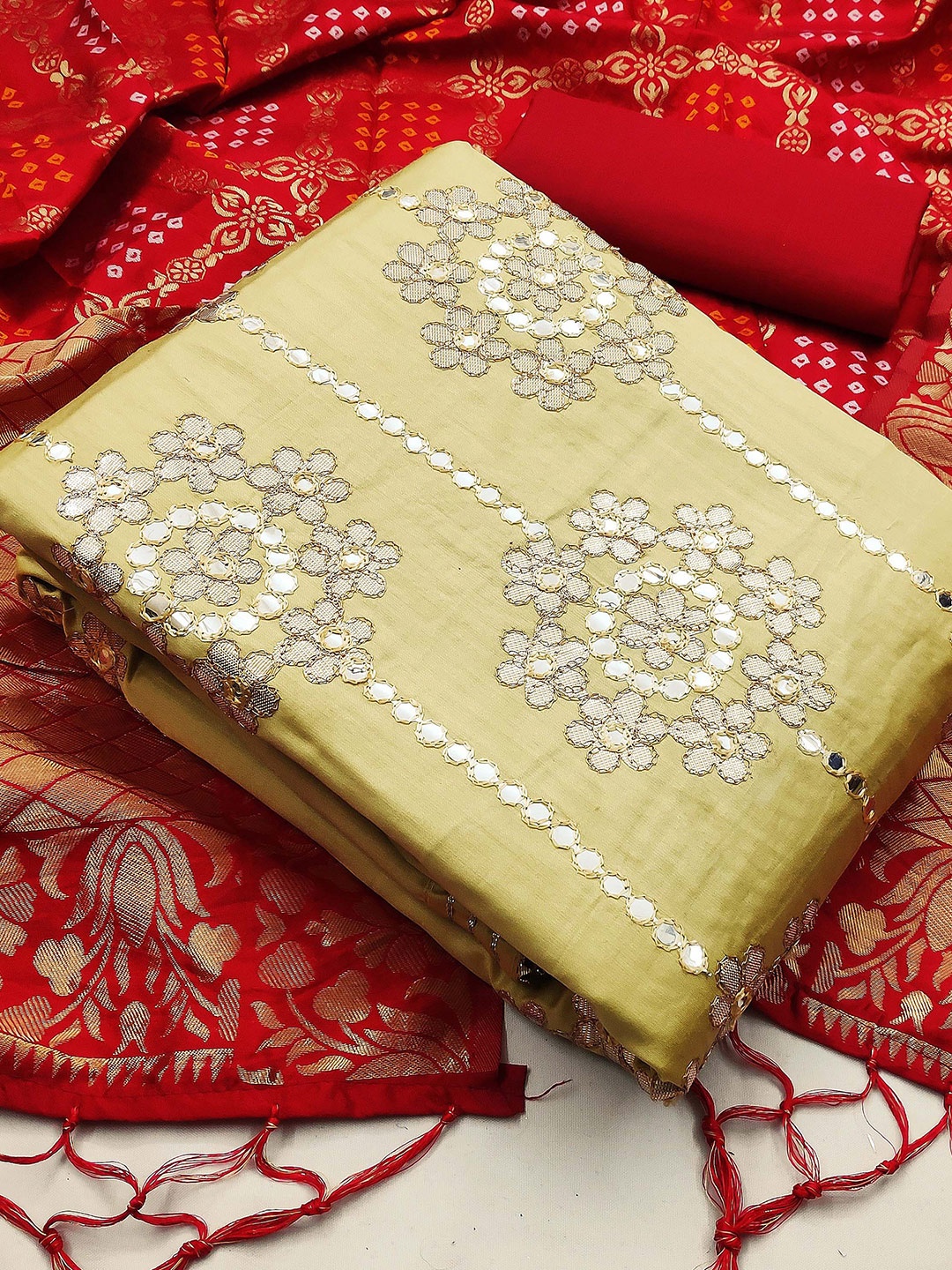 

KALINI Embroidered Unstitched Dress Material, Beige
