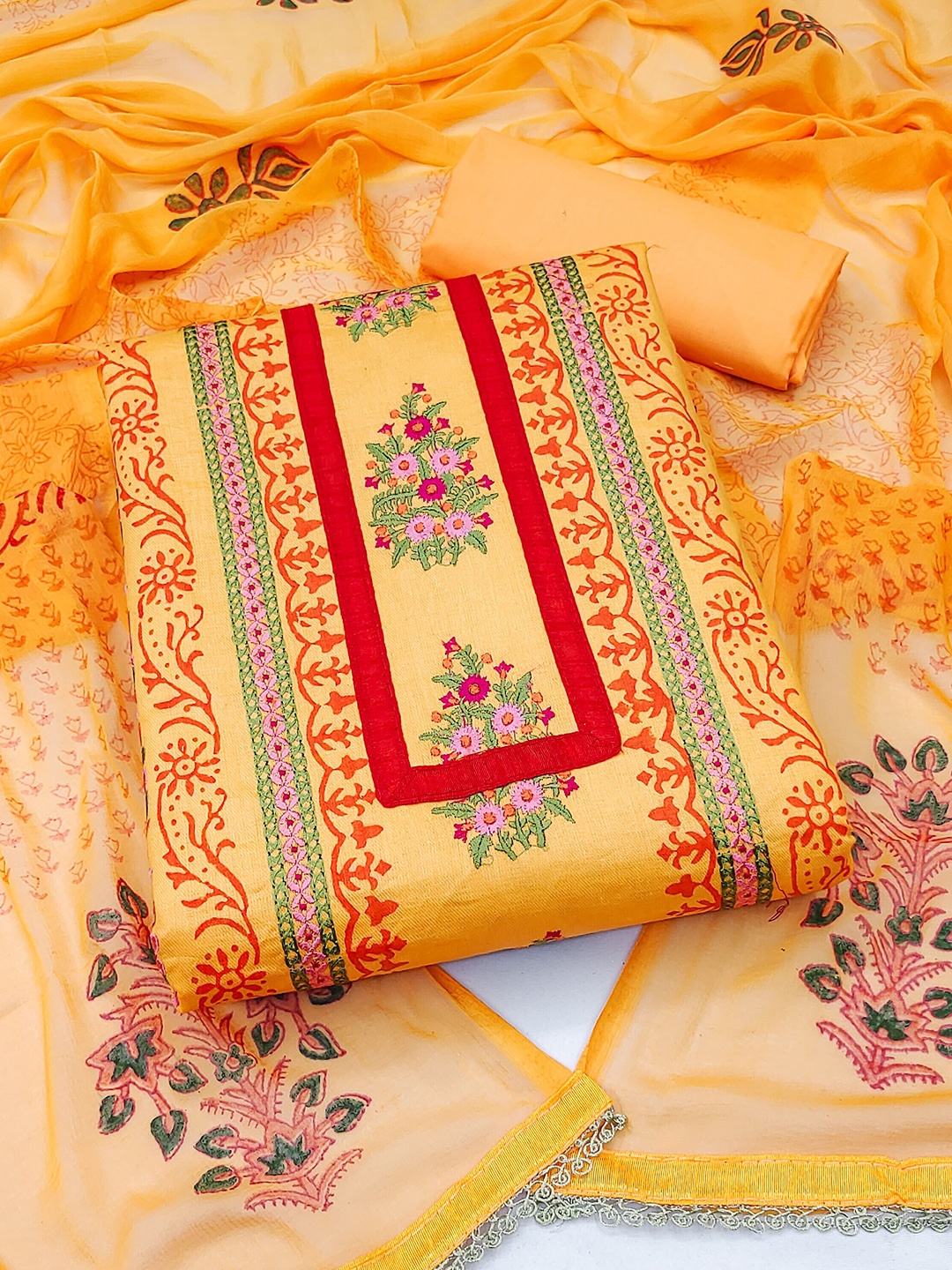 

KALINI Embroidered Pure Cotton Unstitched Dress Material, Orange