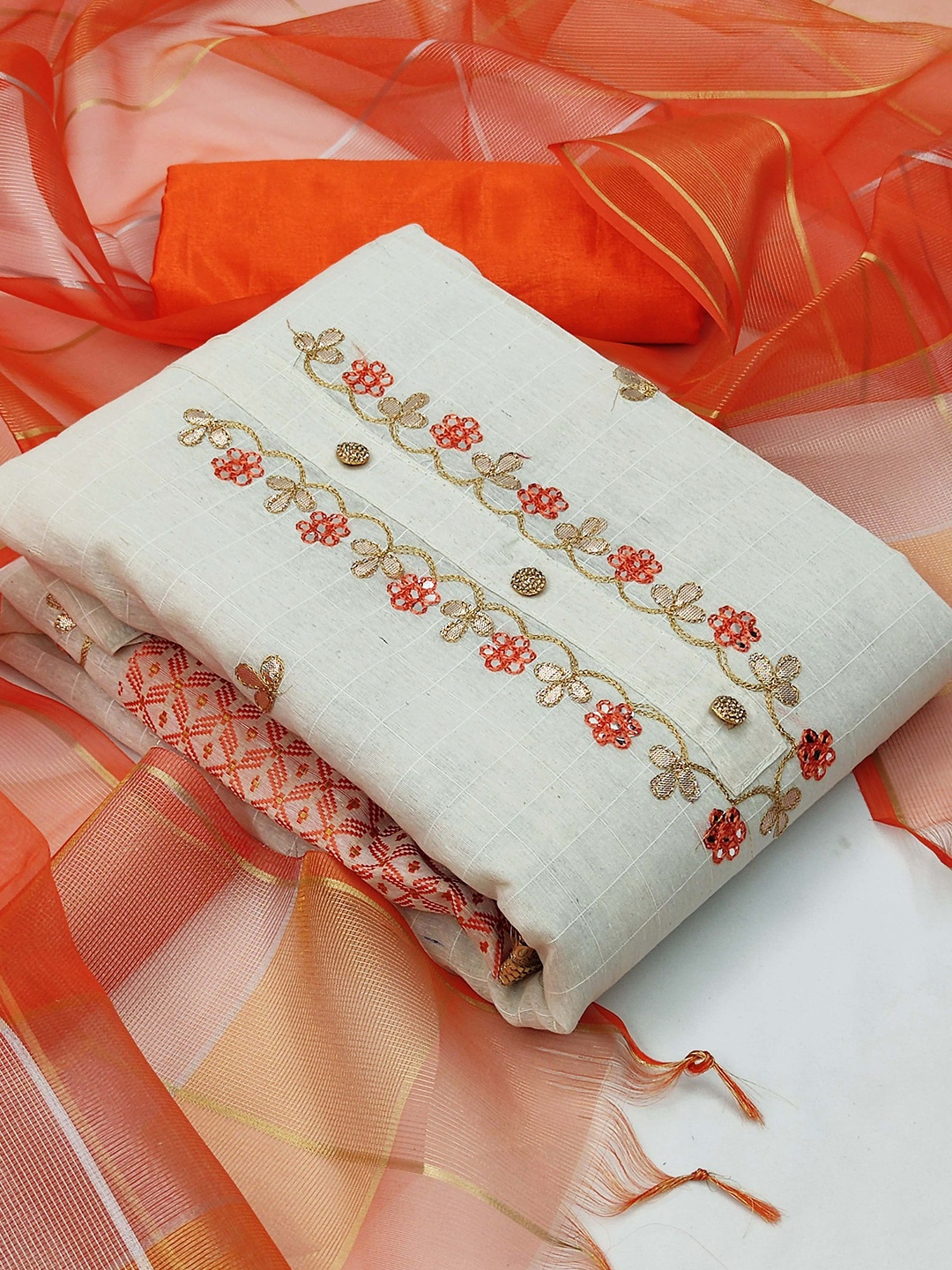 KALINI Embroidered Unstitched Dress Material, Off white
