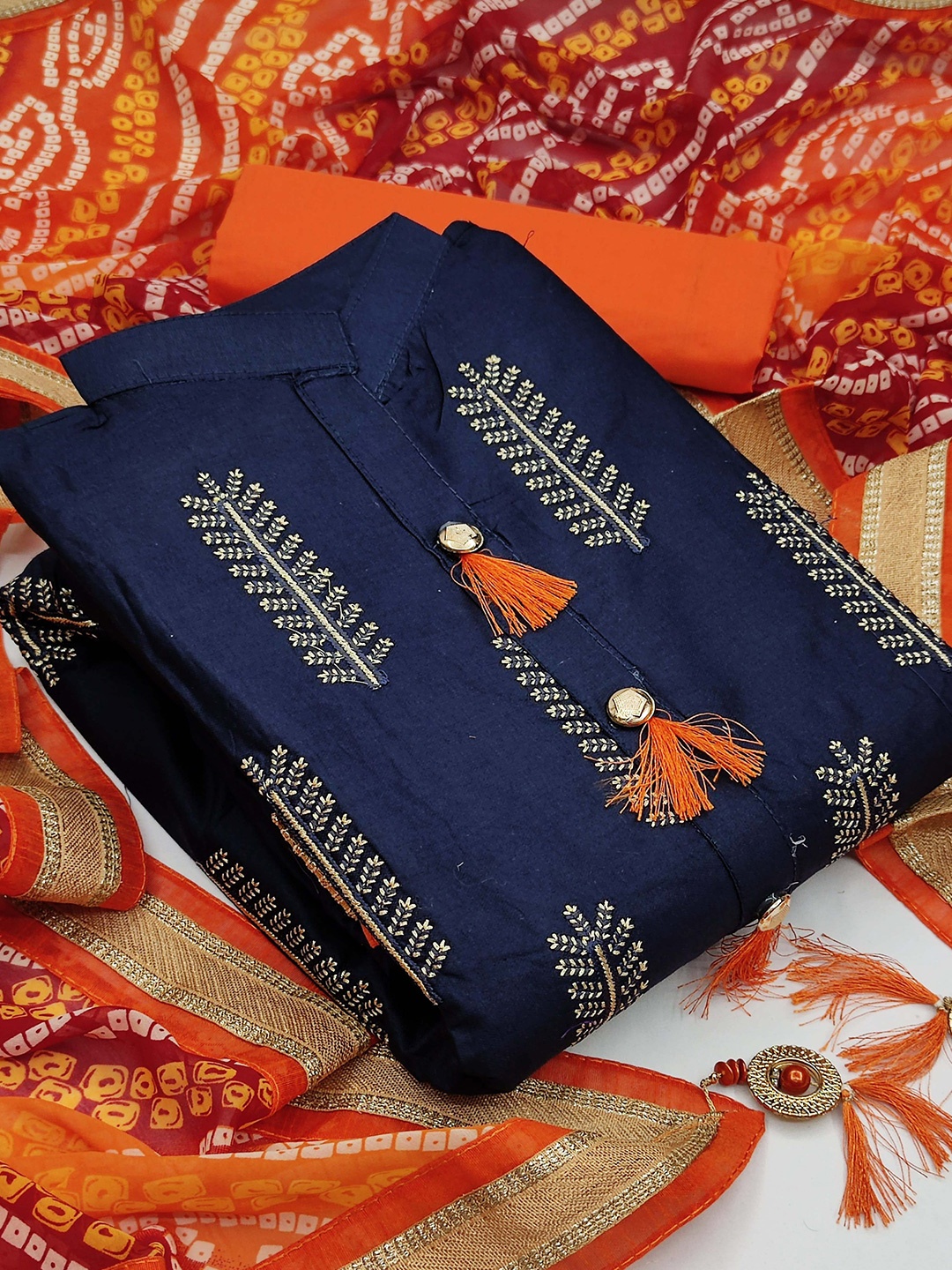 

KALINI Embroidered Unstitched Dress Material, Navy blue