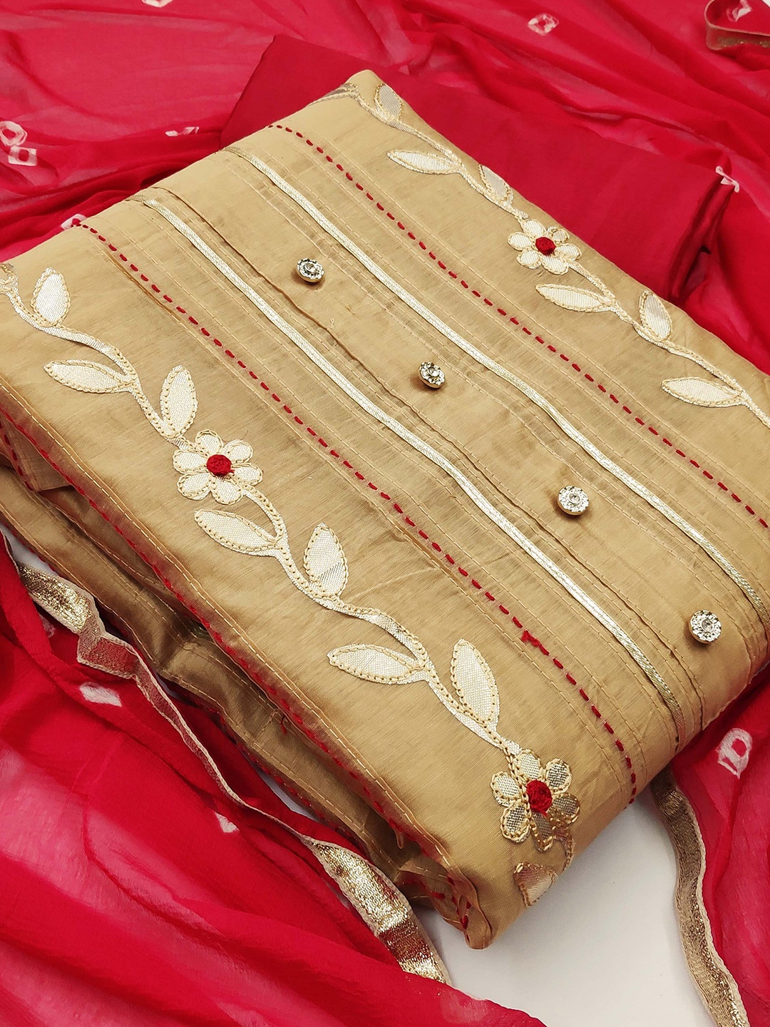 

KALINI Embroidered Unstitched Dress Material, Beige
