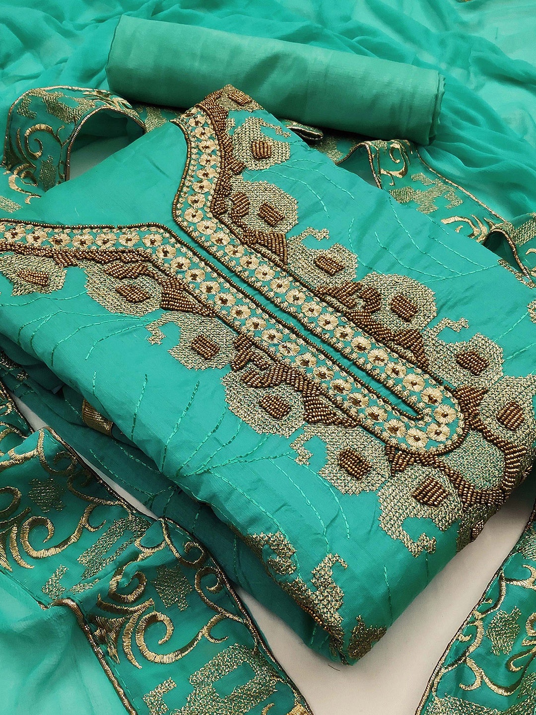 

KALINI Embroidered Unstitched Dress Material, Sea green