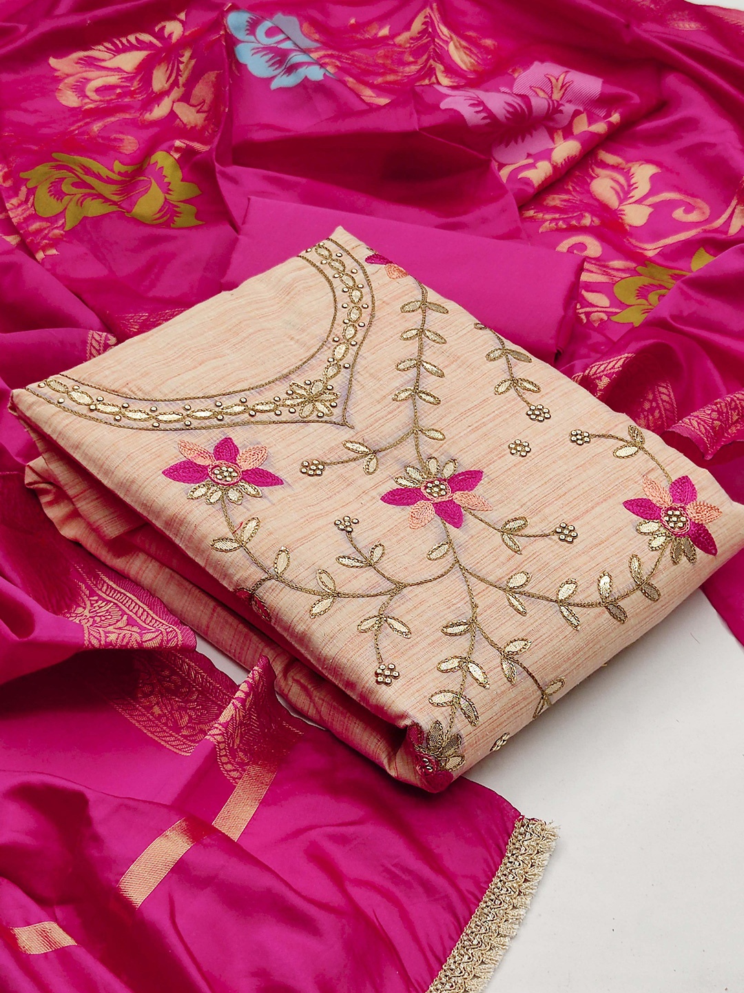 

KALINI Embroidered Pure Cotton Unstitched Dress Material, Peach