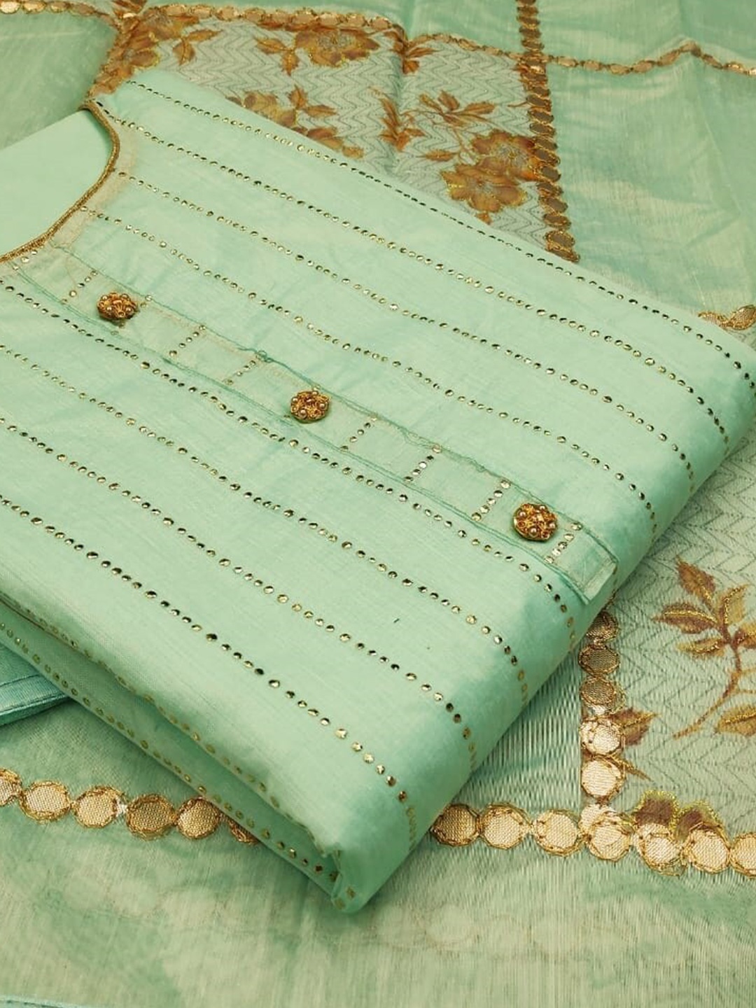 

KALINI Embellished Unstitched Dress Material, Sea green