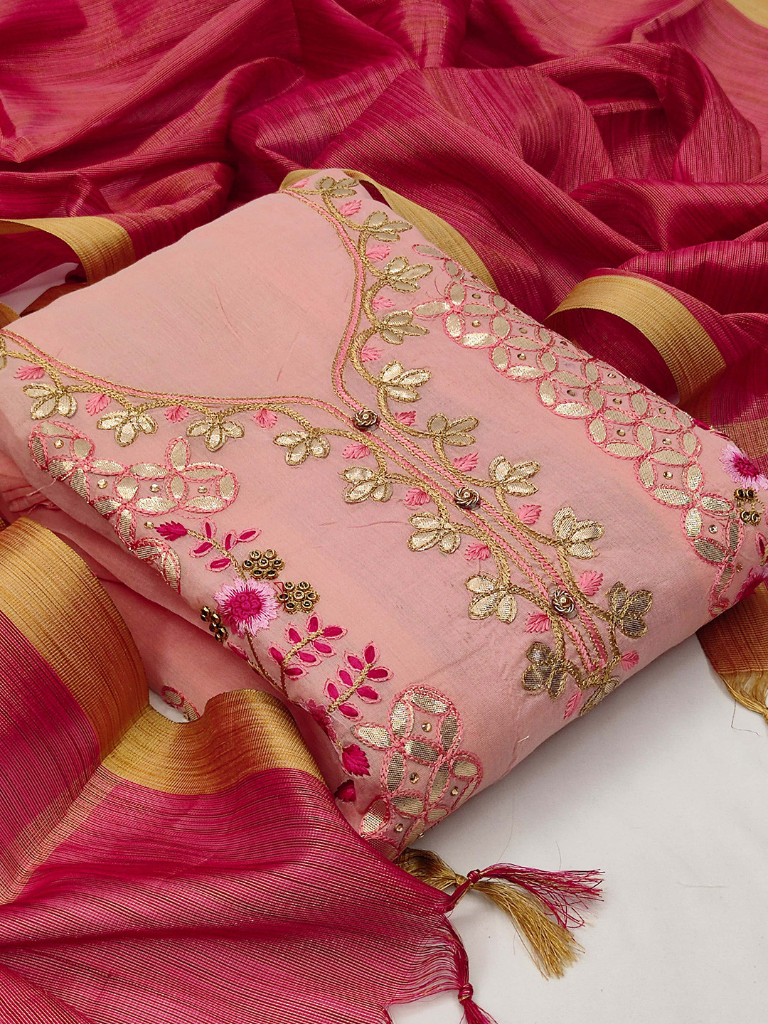 

KALINI Woven Design Unstitched Dress Material, Pink