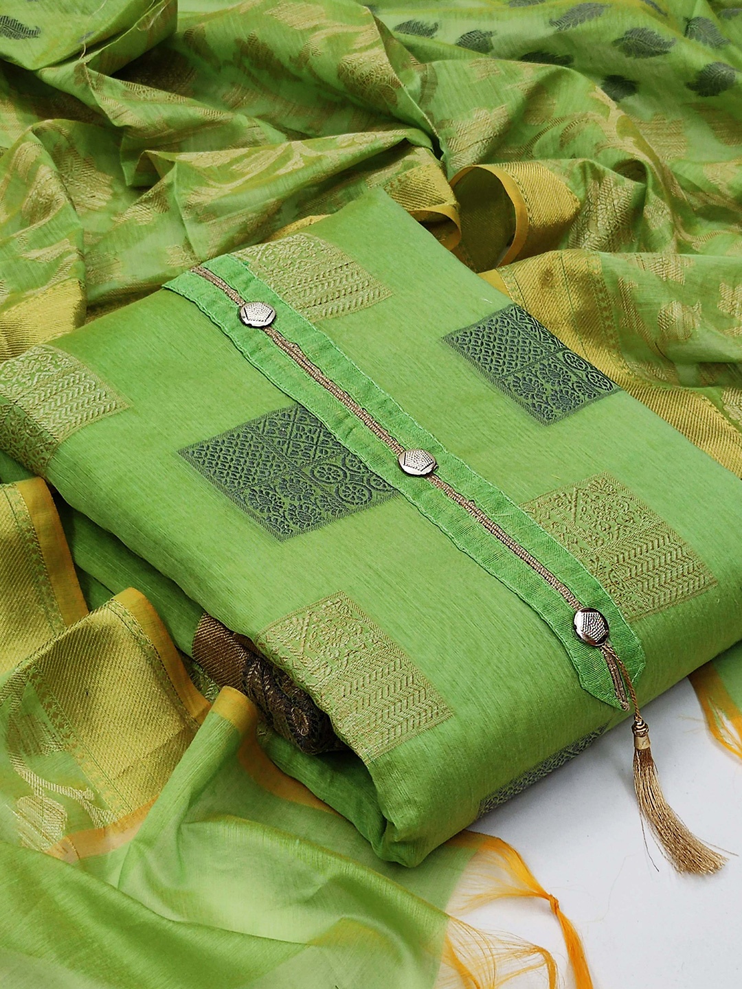 

KALINI Woven Design Unstitched Dress Material, Green