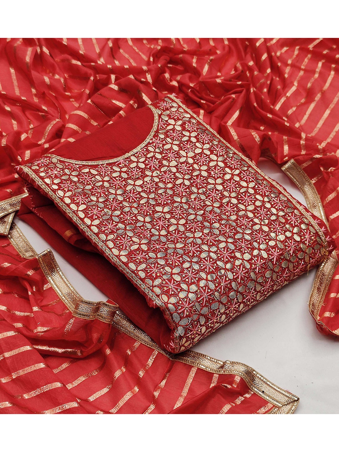 

KALINI Woven Design Unstitched Dress Material, Red