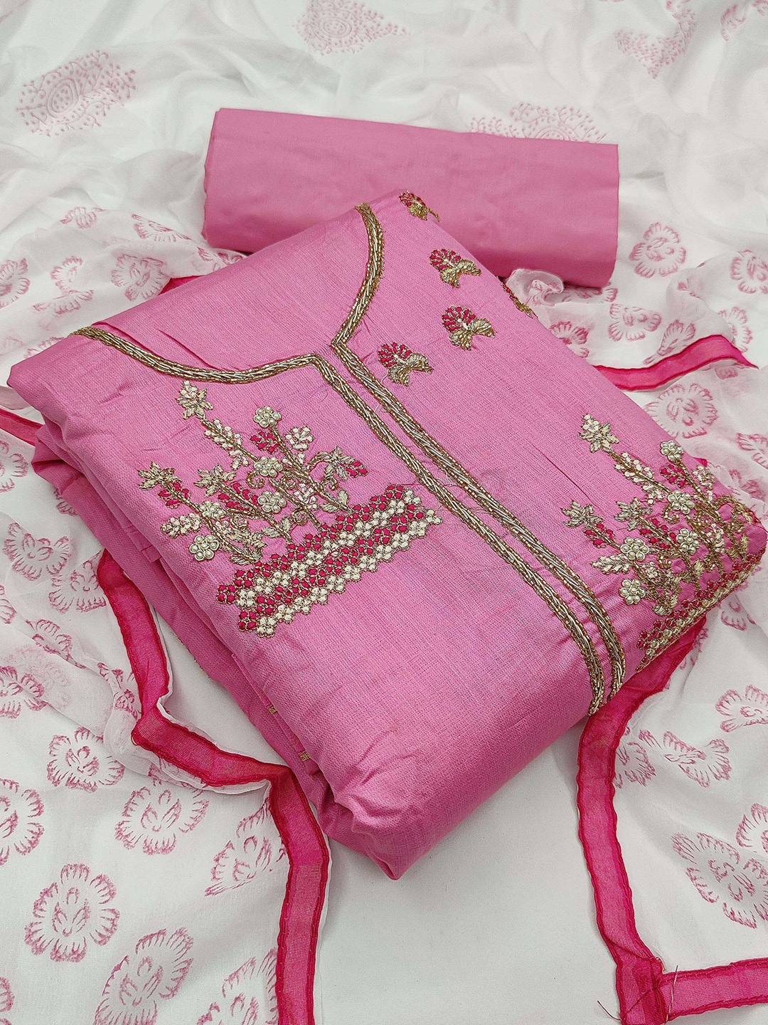 

KALINI Woven Design Unstitched Dress Material, Pink