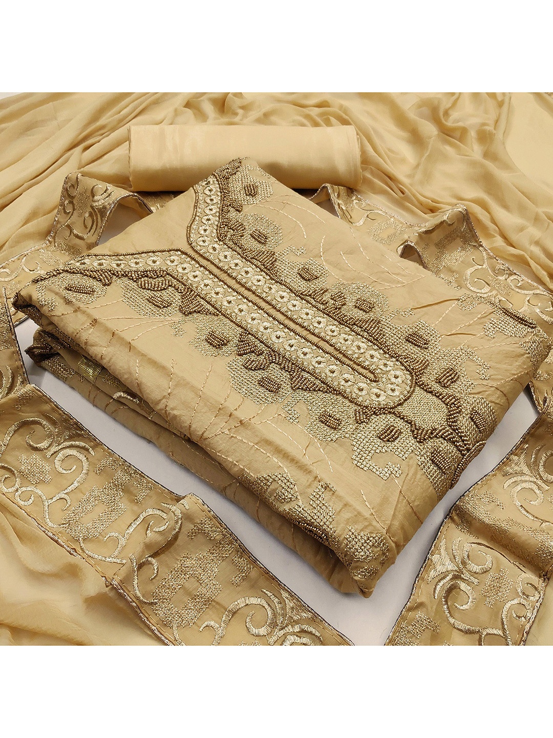

KALINI Embroidered Unstitched Dress Material, Beige