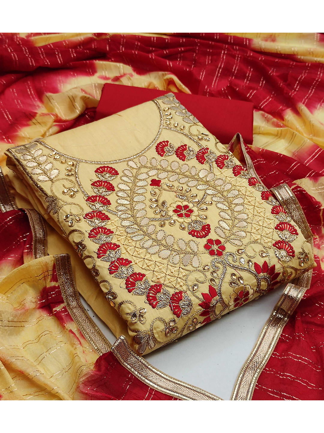 

KALINI Embroidered Unstitched Dress Material, Yellow