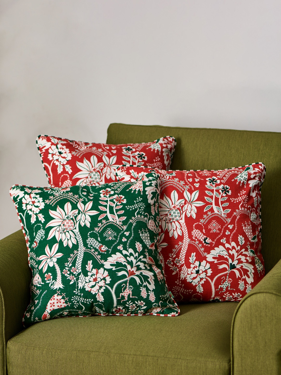 

Chumbak Set of 3 Floral Cotton Cushion Covers, Red