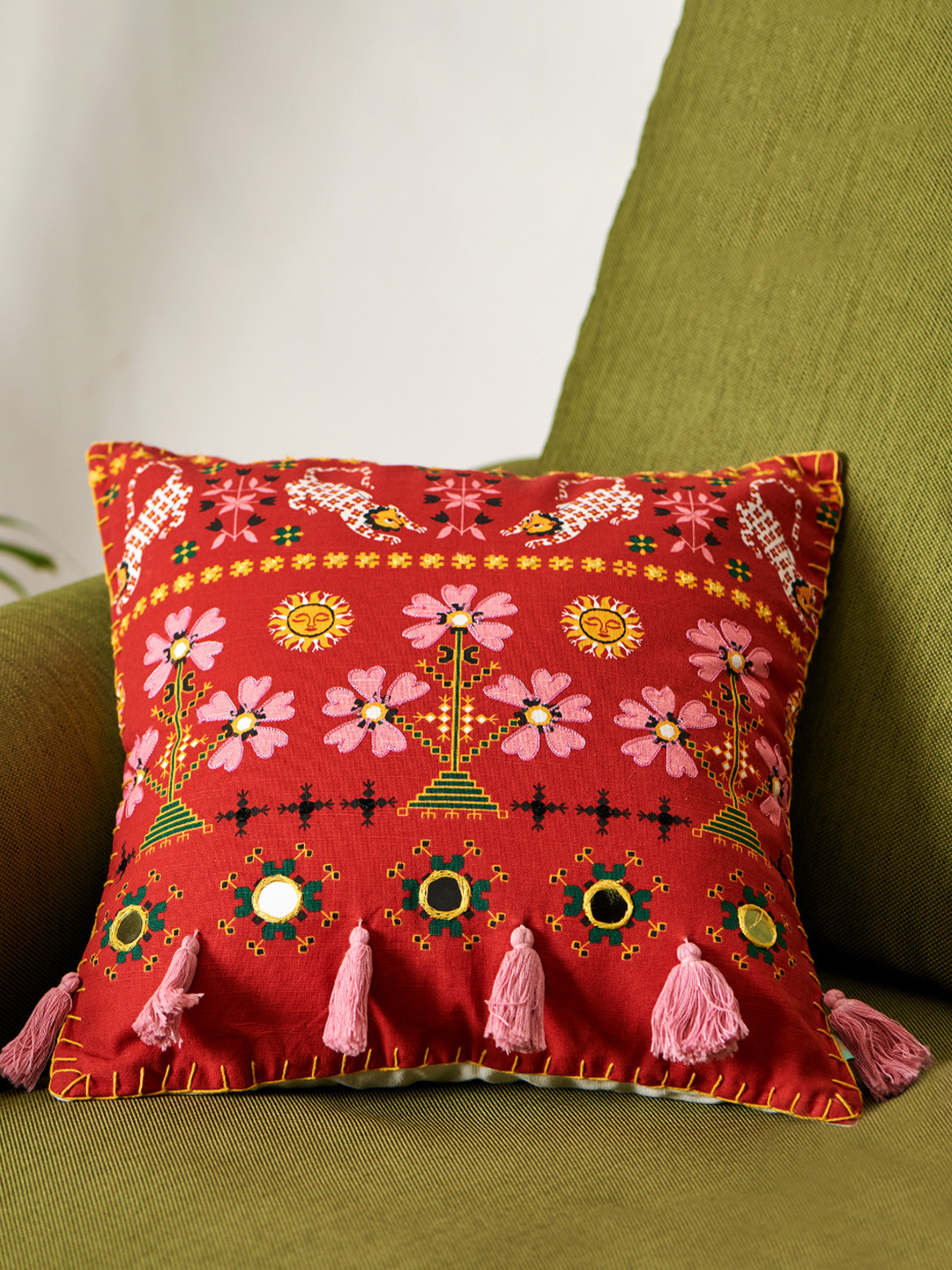 

Chumbak Red & Pink Embroidered Square Cotton Cushion Covers