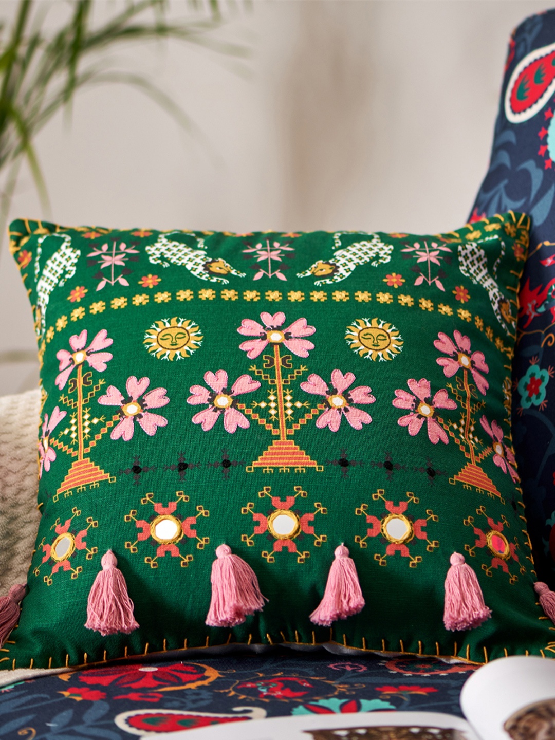 

Chumbak Green & Yellow Embroidered Square Cotton Cushion Covers