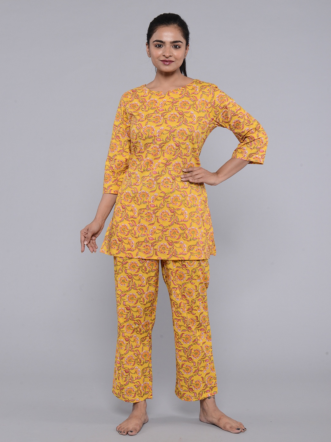 

ROOPWATI FASHION Women Printed Cotton Night Suit, Yellow