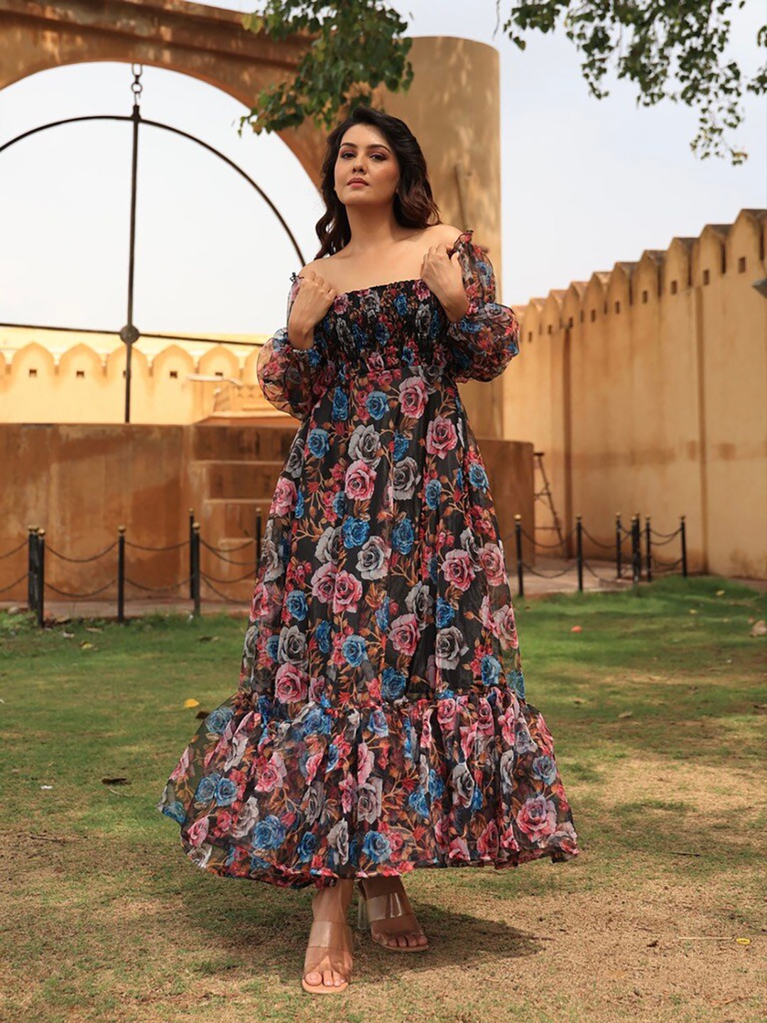

OneWe Floral Net Maxi Maxi Dress, Black