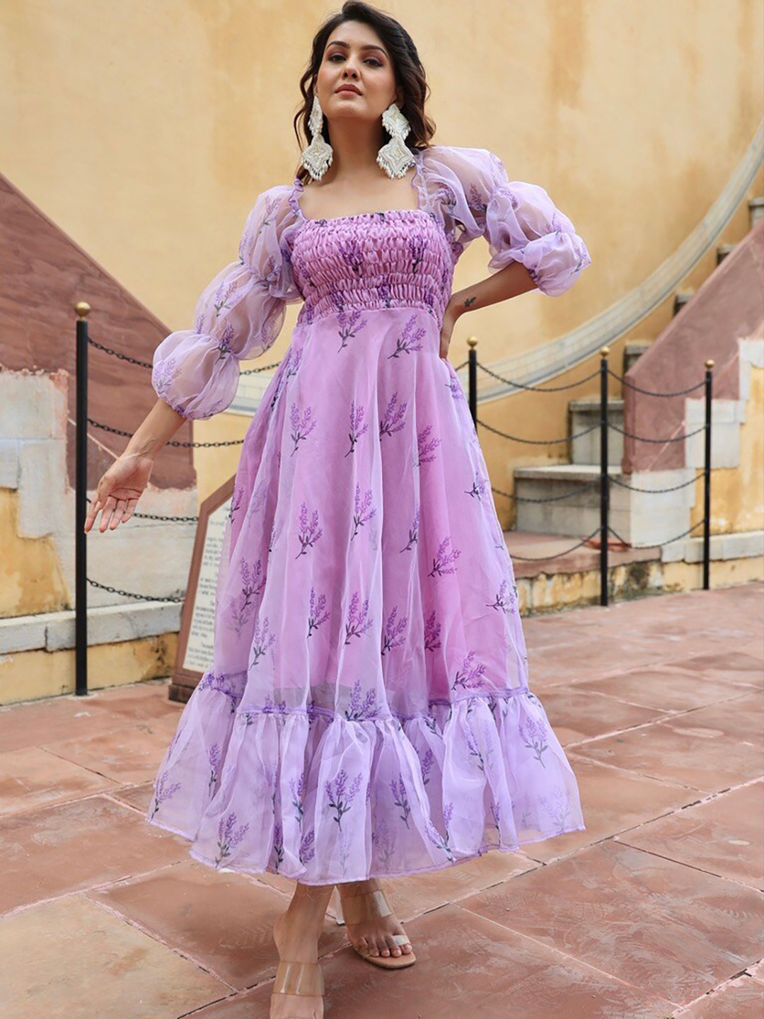 

OneWe Floral Net Puff Sleeve Maxi Dress, Lavender