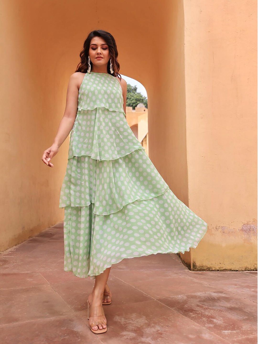 

OneWe Polka Dot Printed Layered A-Line Midi Dress, Sea green