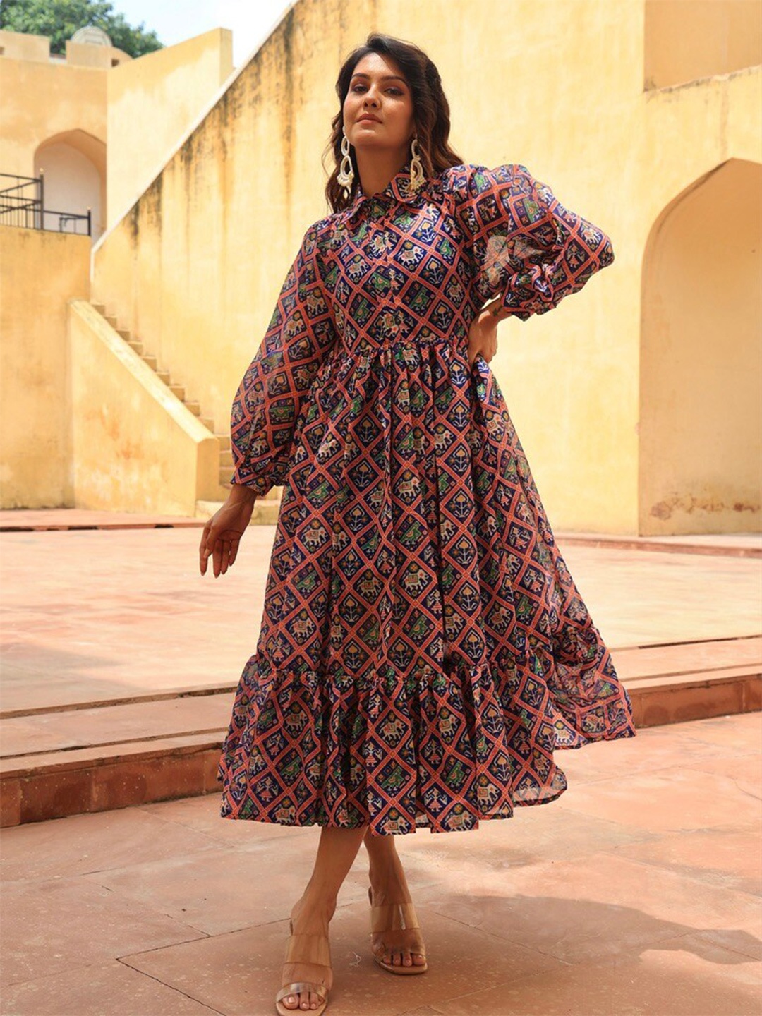 

OneWe Ethnic Motifs Printed Puff Sleeve Midi Dress, Blue