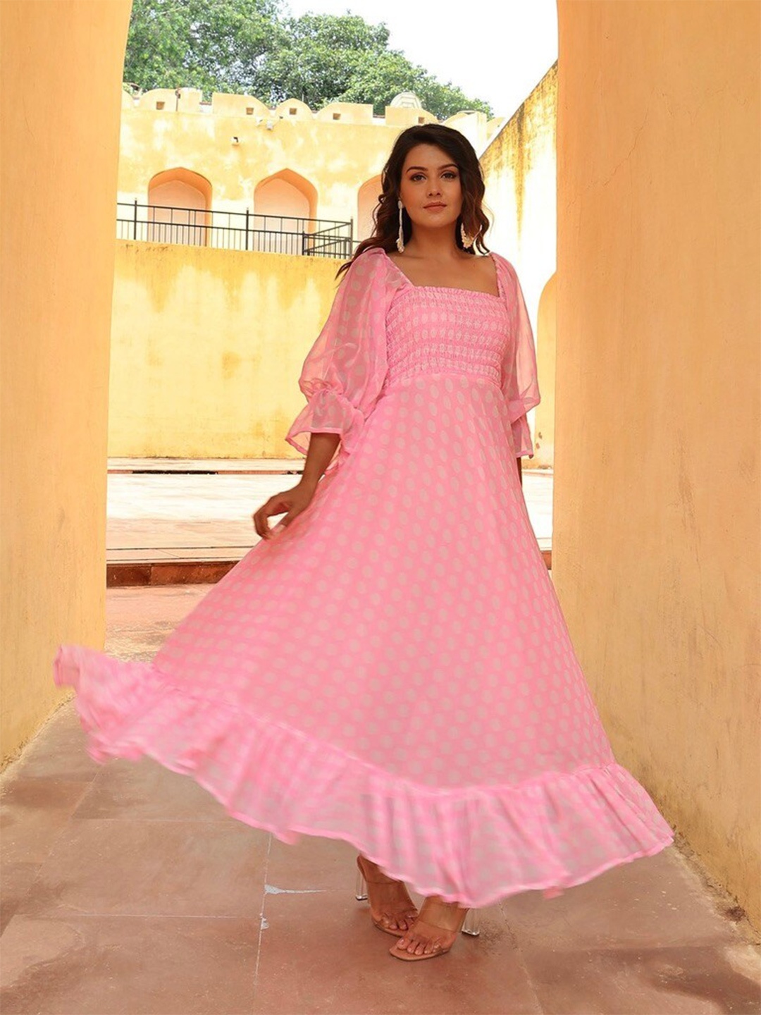 

OneWe Polka Dot Printed Smocked Georgette Maxi Dress, Pink