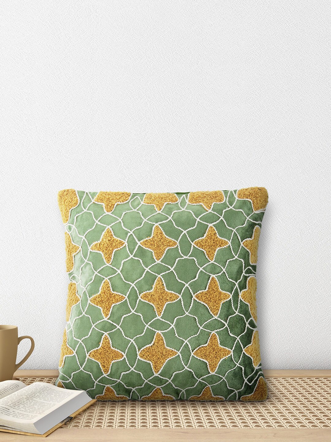 

Living scapes by Pantaloons Green & Yellow Geometric Square Cotton Cushion Cover