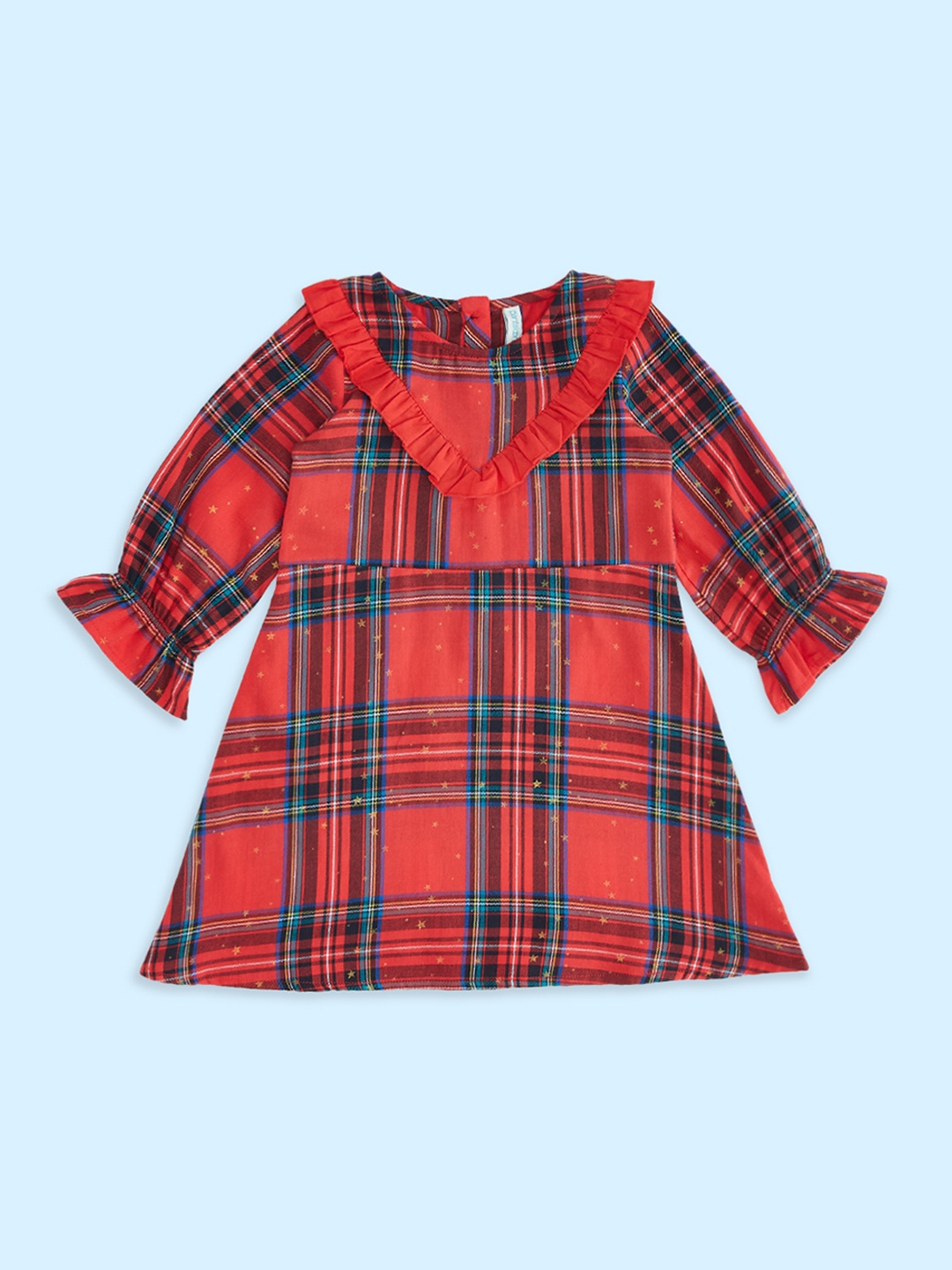 

Pantaloons Baby Girls Checked Bell Sleeve Cotton A-Line Dress, Red