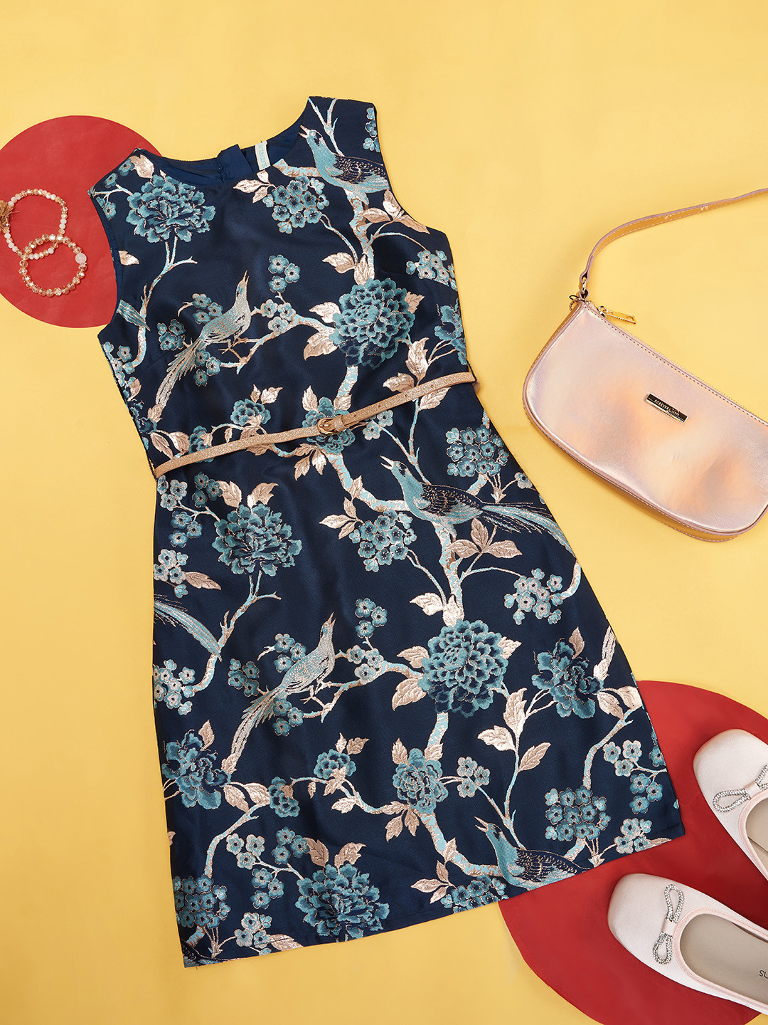 

Pantaloons Junior Floral A-Line Round Neck Cotton Dress, Navy blue