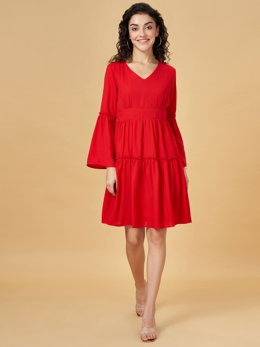 

YU by Pantaloons V-Neck Tired A-Line Dress, Red