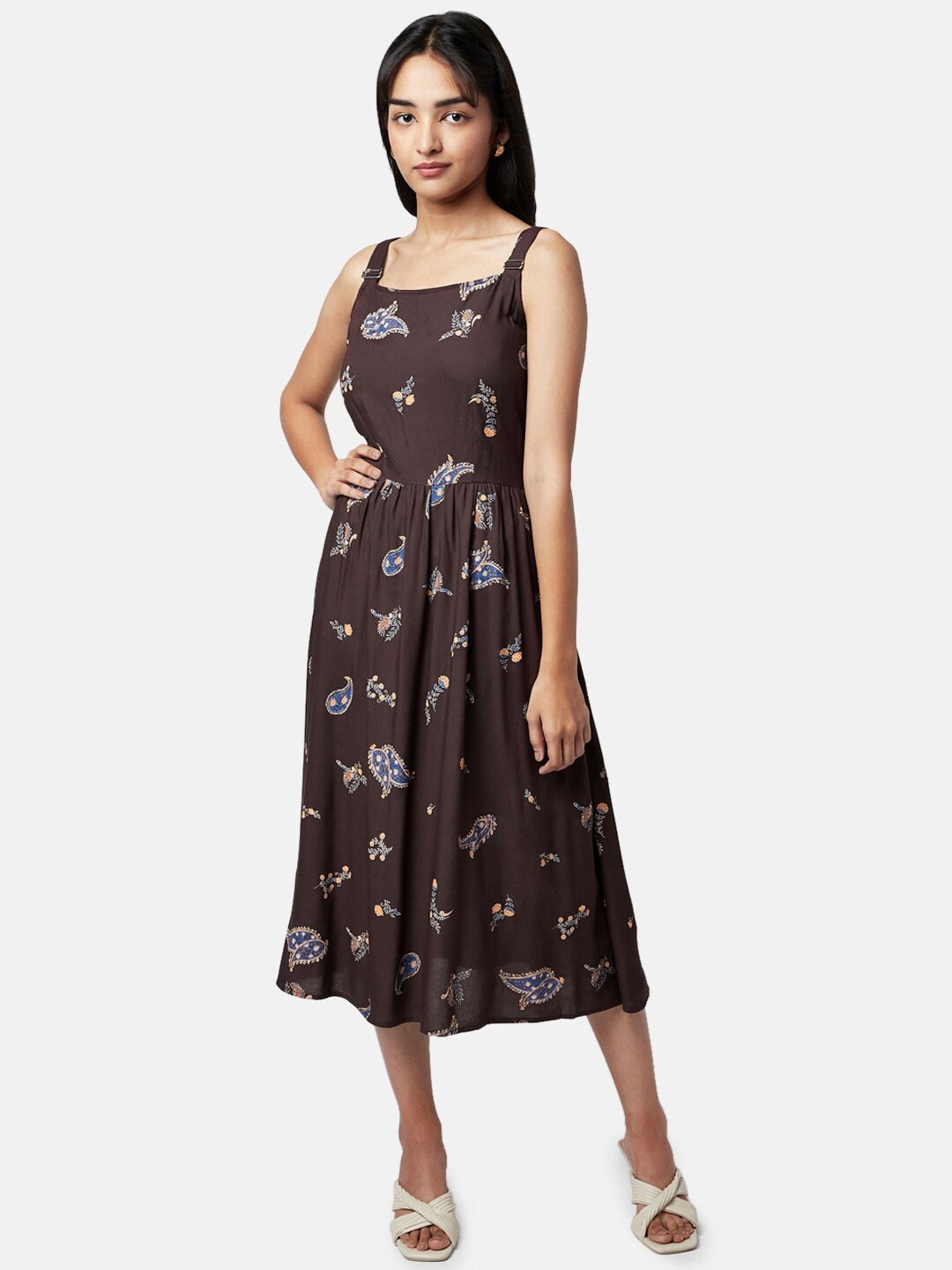 

YU by Pantaloons Floral Printed A-Line Midi Dress, Brown