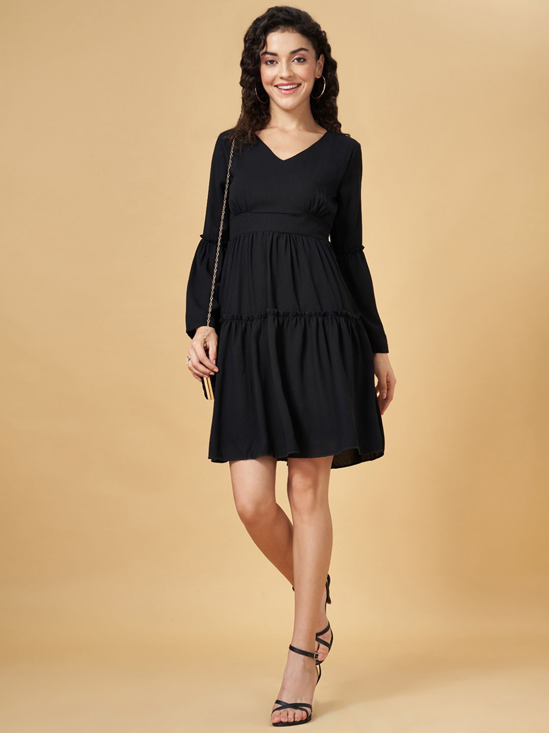 

YU by Pantaloons Bell Sleeves Tired A-Line Dress, Black