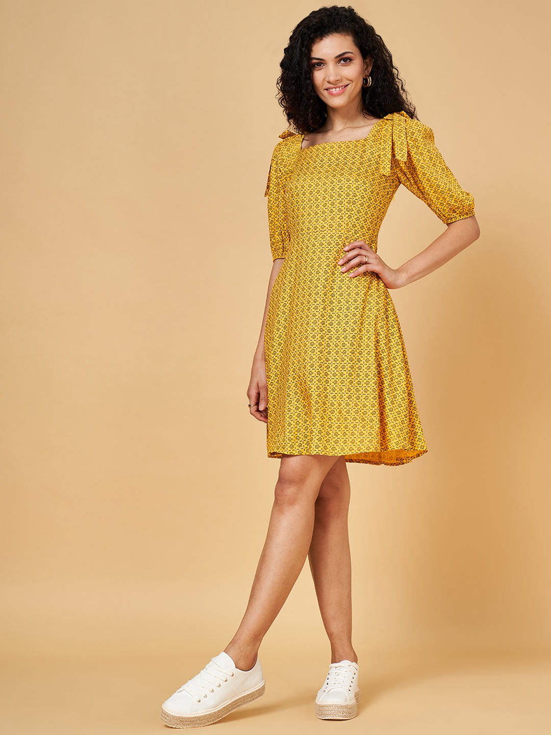 

YU by Pantaloons Printed Puff Sleeves A-Line Dress, Yellow
