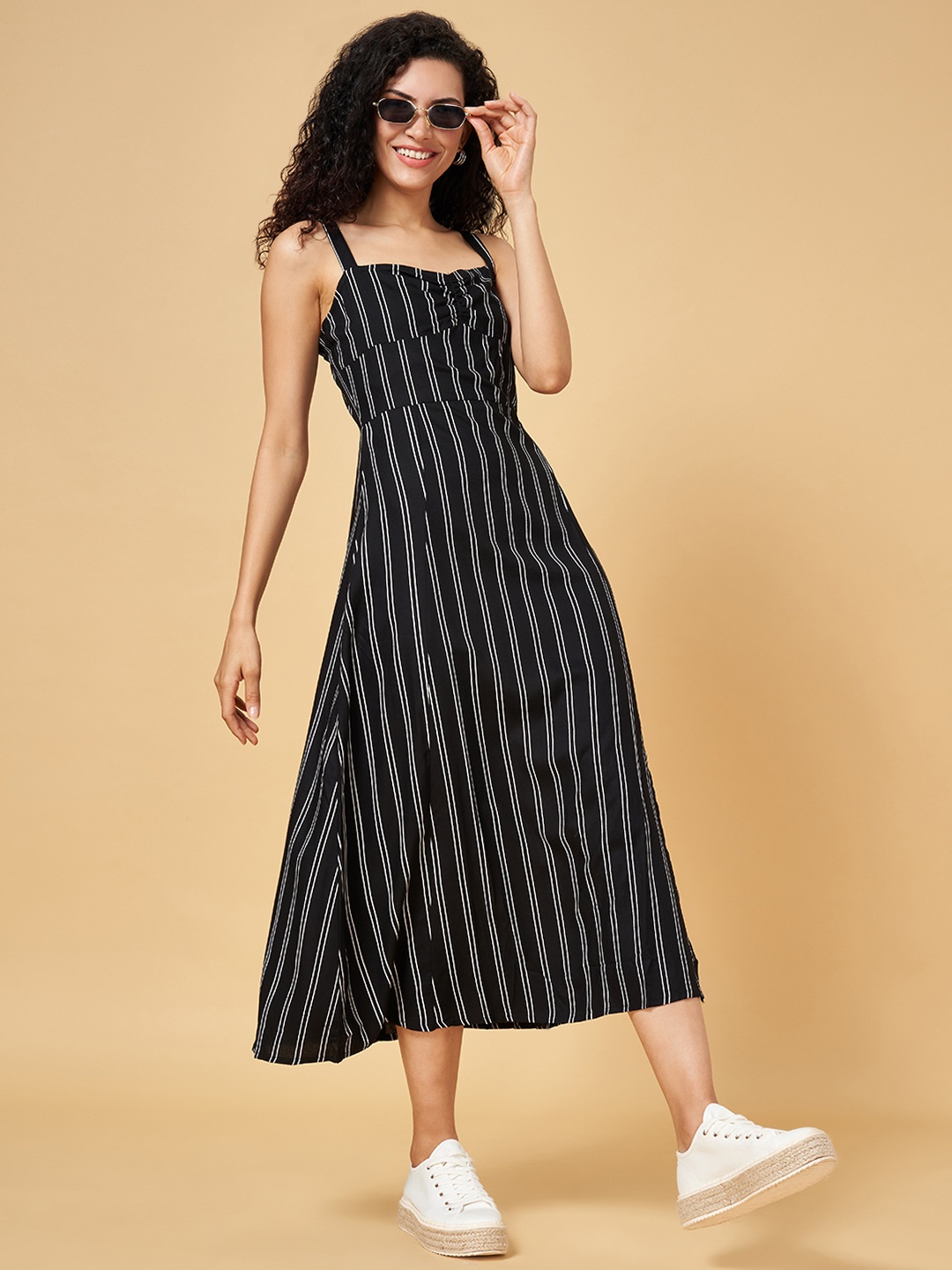 

YU by Pantaloons Black Striped Ethnic A-Line Maxi Dress