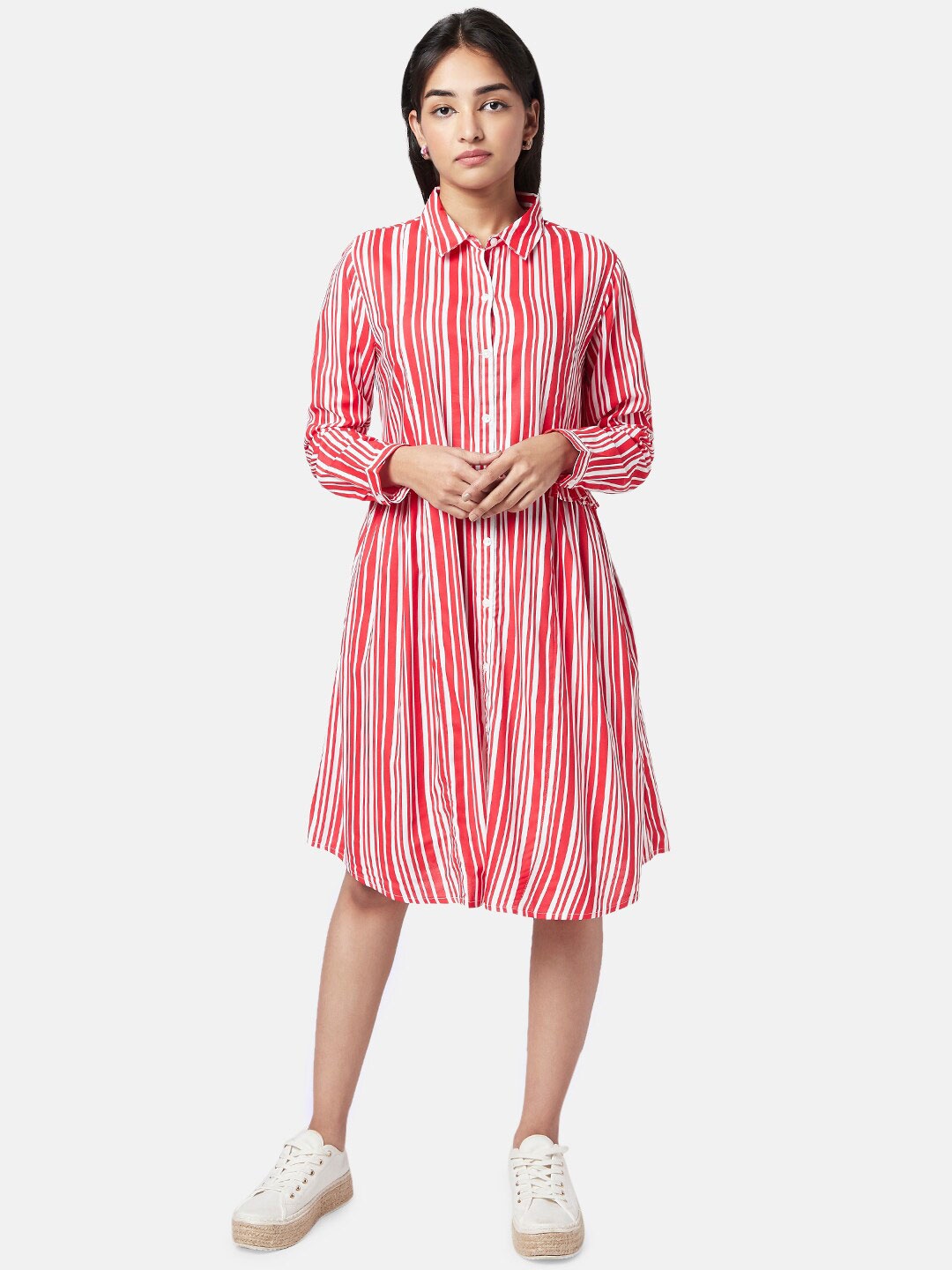 

YU by Pantaloons Red Striped Ethnic Shirt Dress
